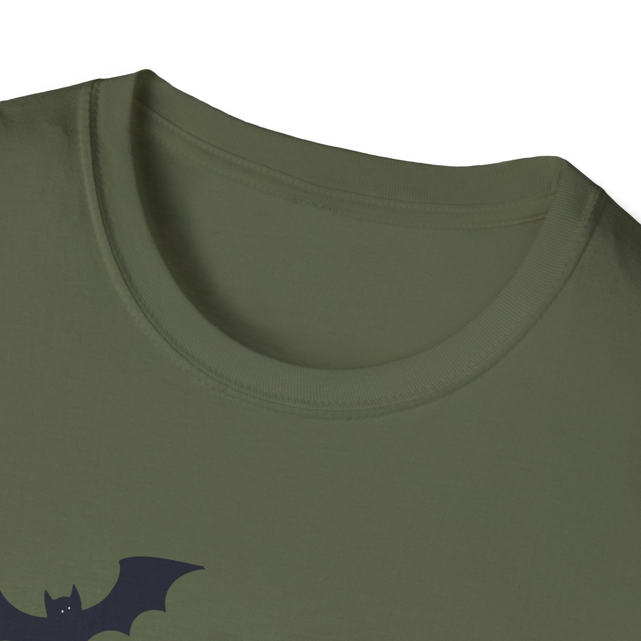 Close-up of a green t-shirt with a black bat logo on a white background