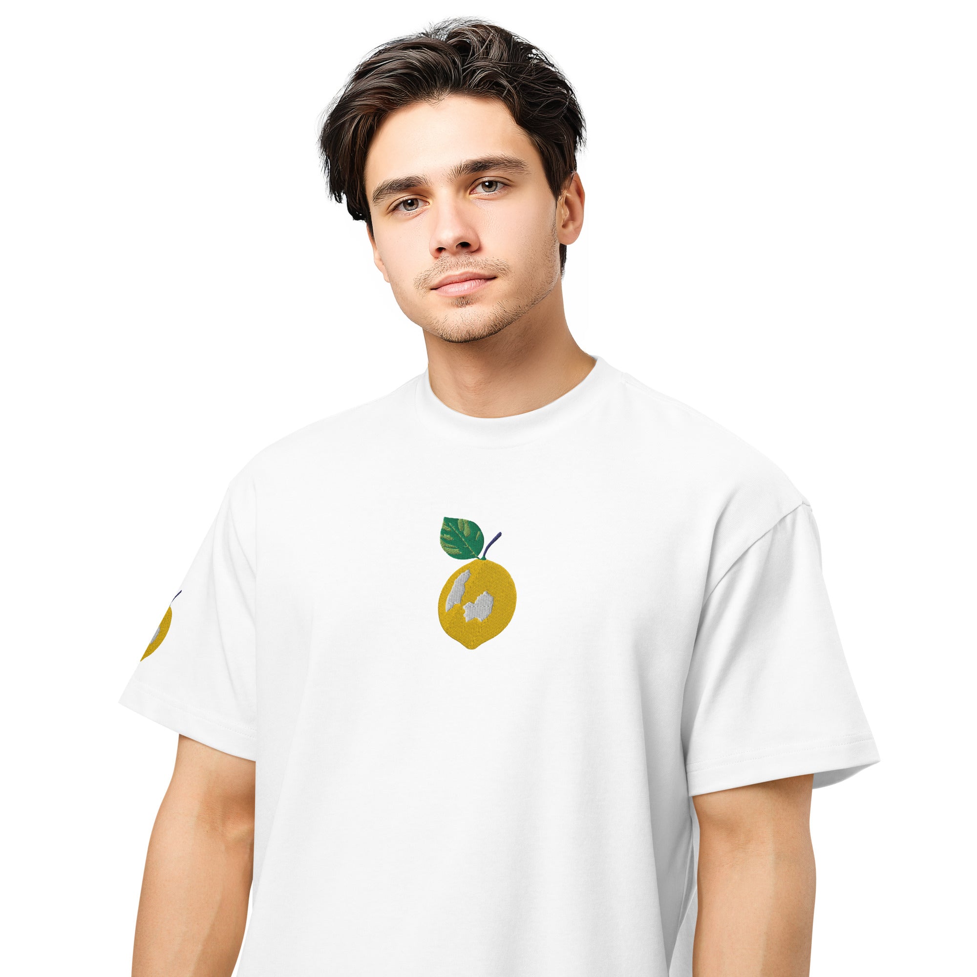 Man wearing a white t-shirt with a graphic design on a white background