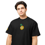 Person wearing a black t-shirt with a lemon graphic on a white background