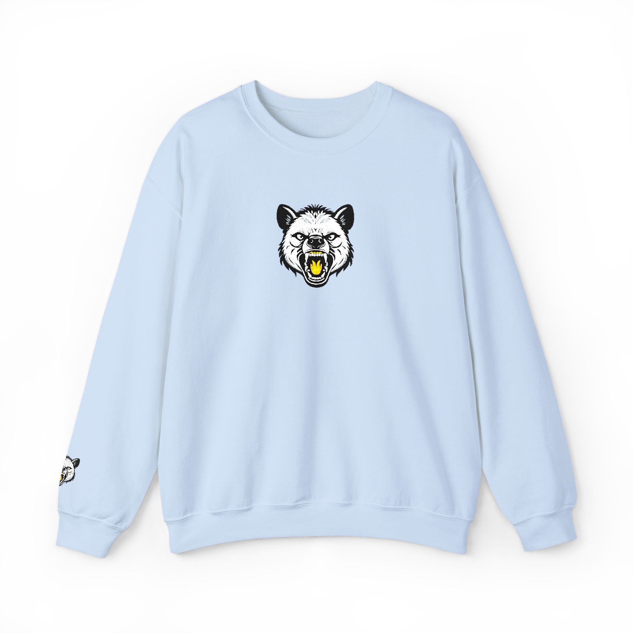 Light blue sweatshirt with a bear graphic on a white background