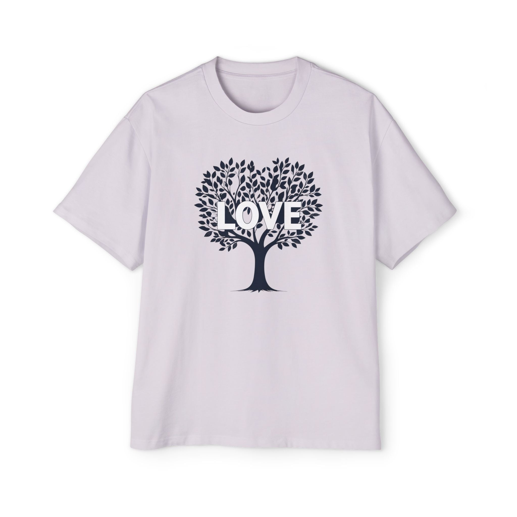 White t-shirt with a black tree design and 'LOVE' text on a white background