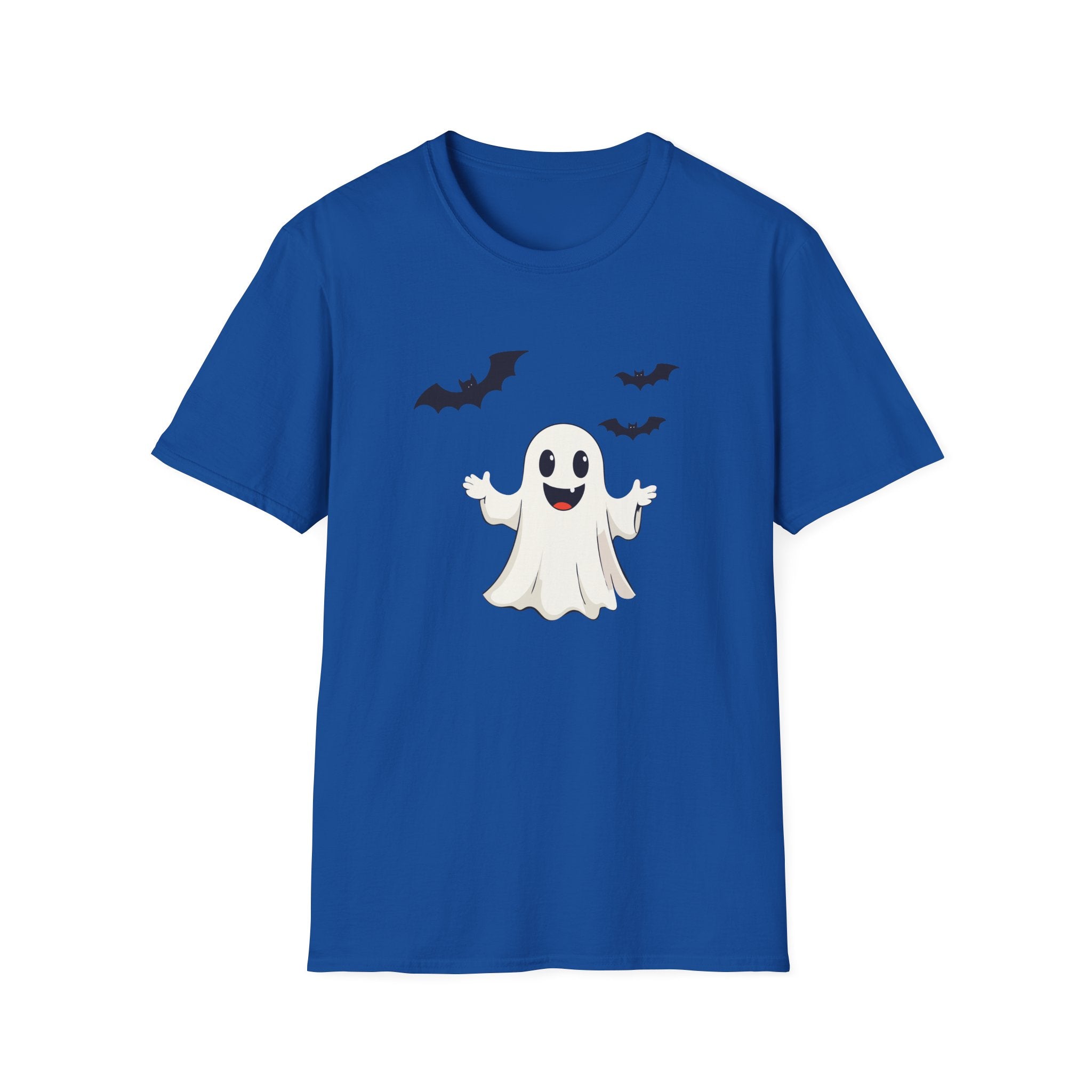 Blue t-shirt with a ghost and bats design on a white background