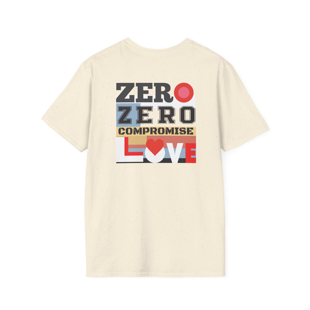 Beige t-shirt with colorful text design on a white background