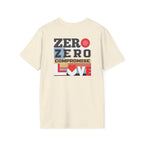 Beige t-shirt with colorful text design on a white background