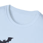 Light blue t-shirt with a black bat design on a white background