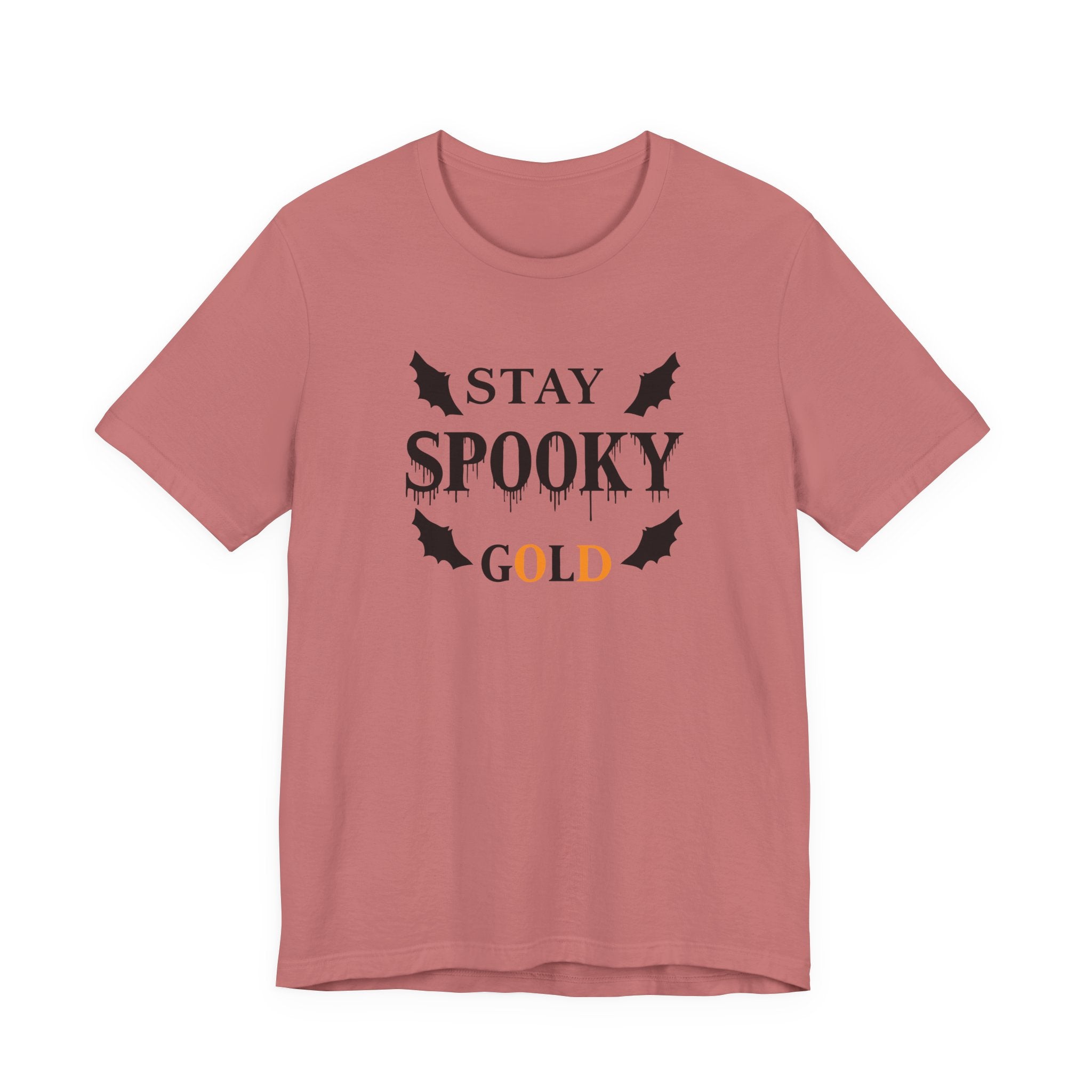 Pink t-shirt with 'Stay Spooky Gold' text and bat graphics on a white background