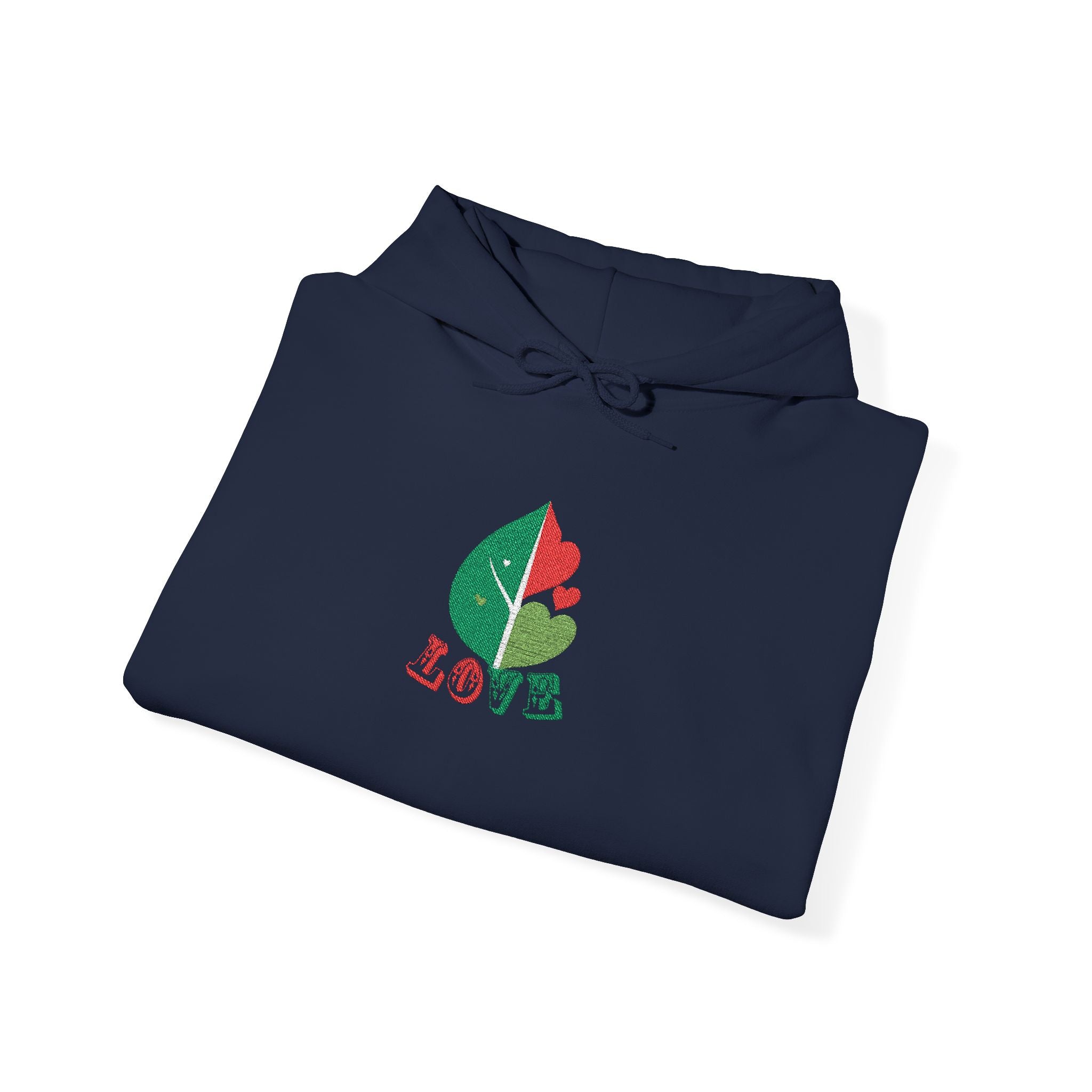 Navy blue hoodie with a colorful leaf design and 'LOVE' text on a white background
