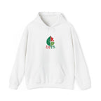 White hoodie with a colorful design on a white background