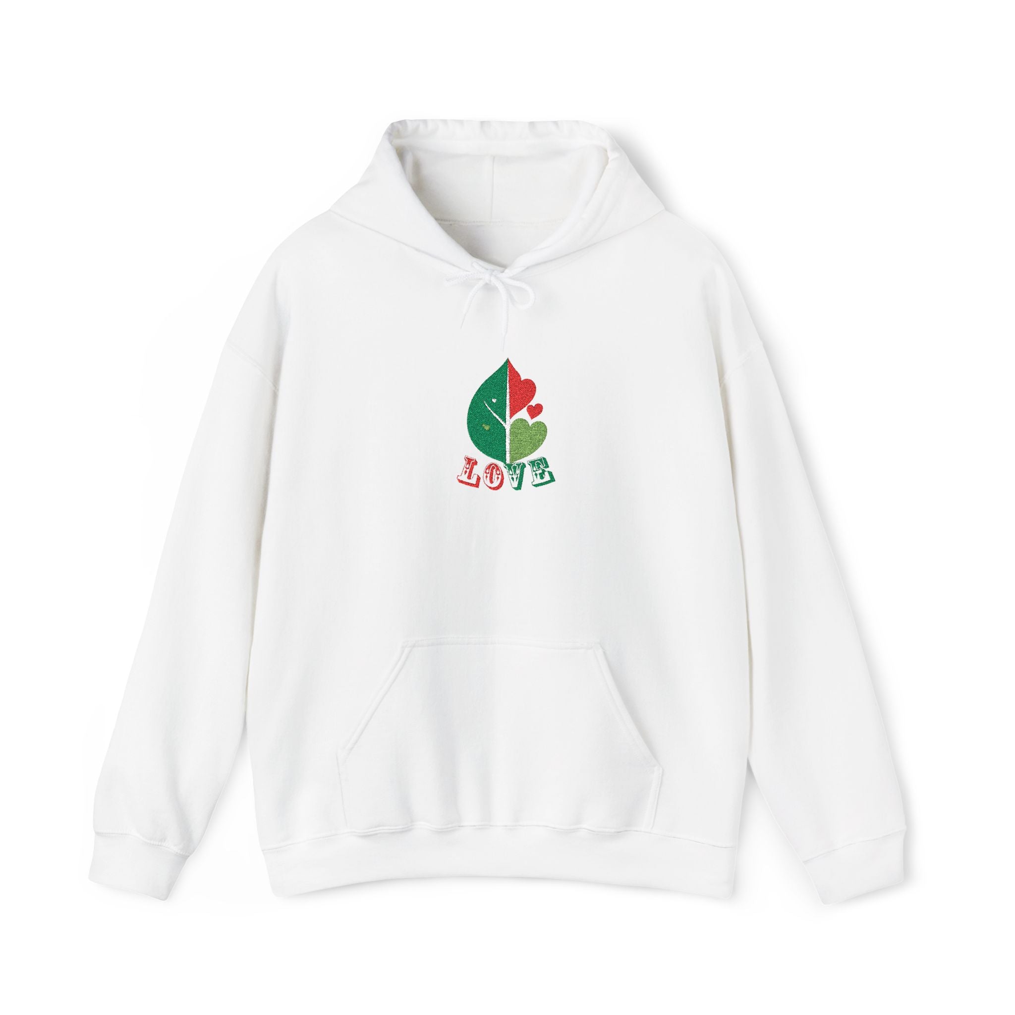White hoodie with a colorful design on a white background
