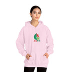 Woman wearing a pink hoodie with a colorful design on a white background