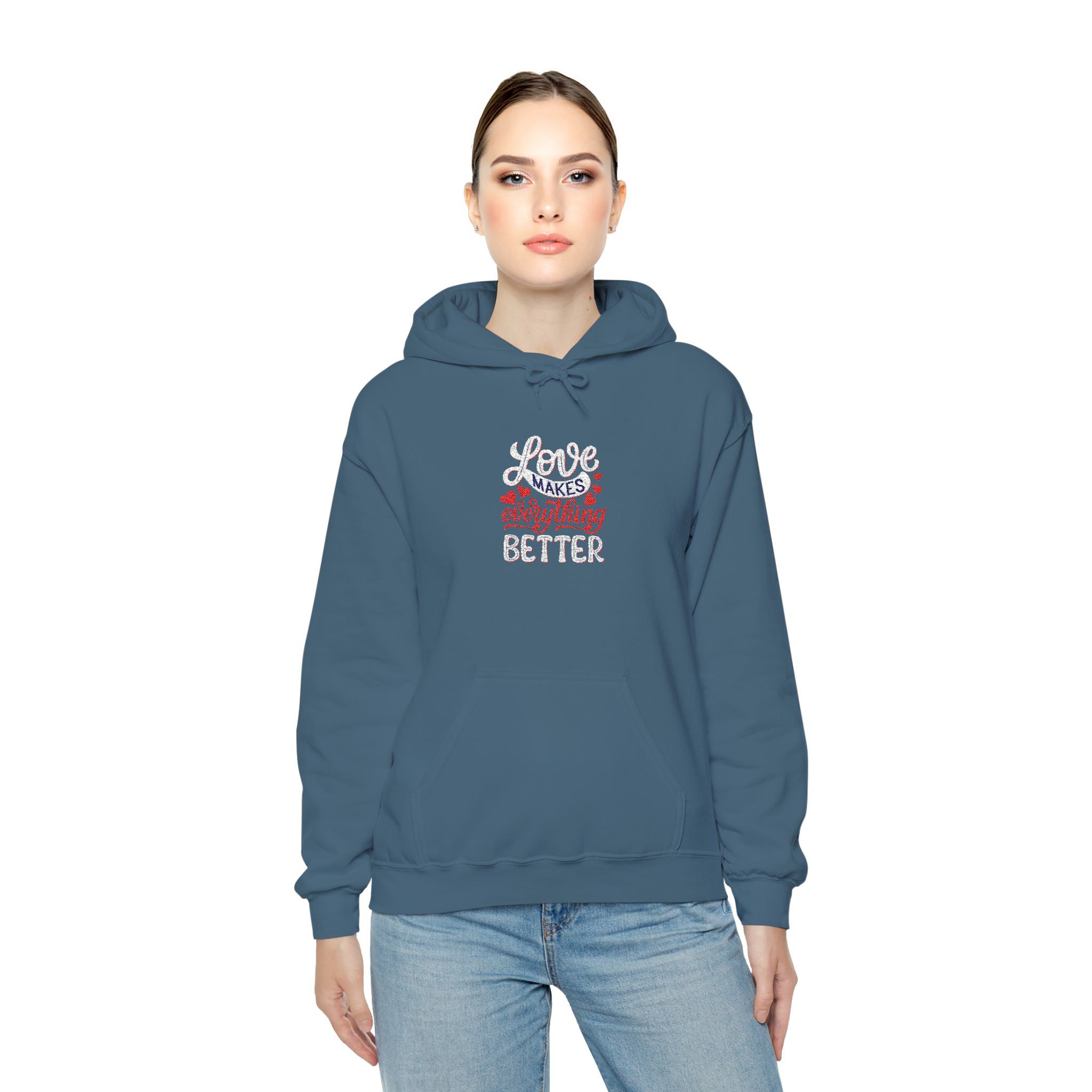 Person wearing a blue hoodie with text on a white background