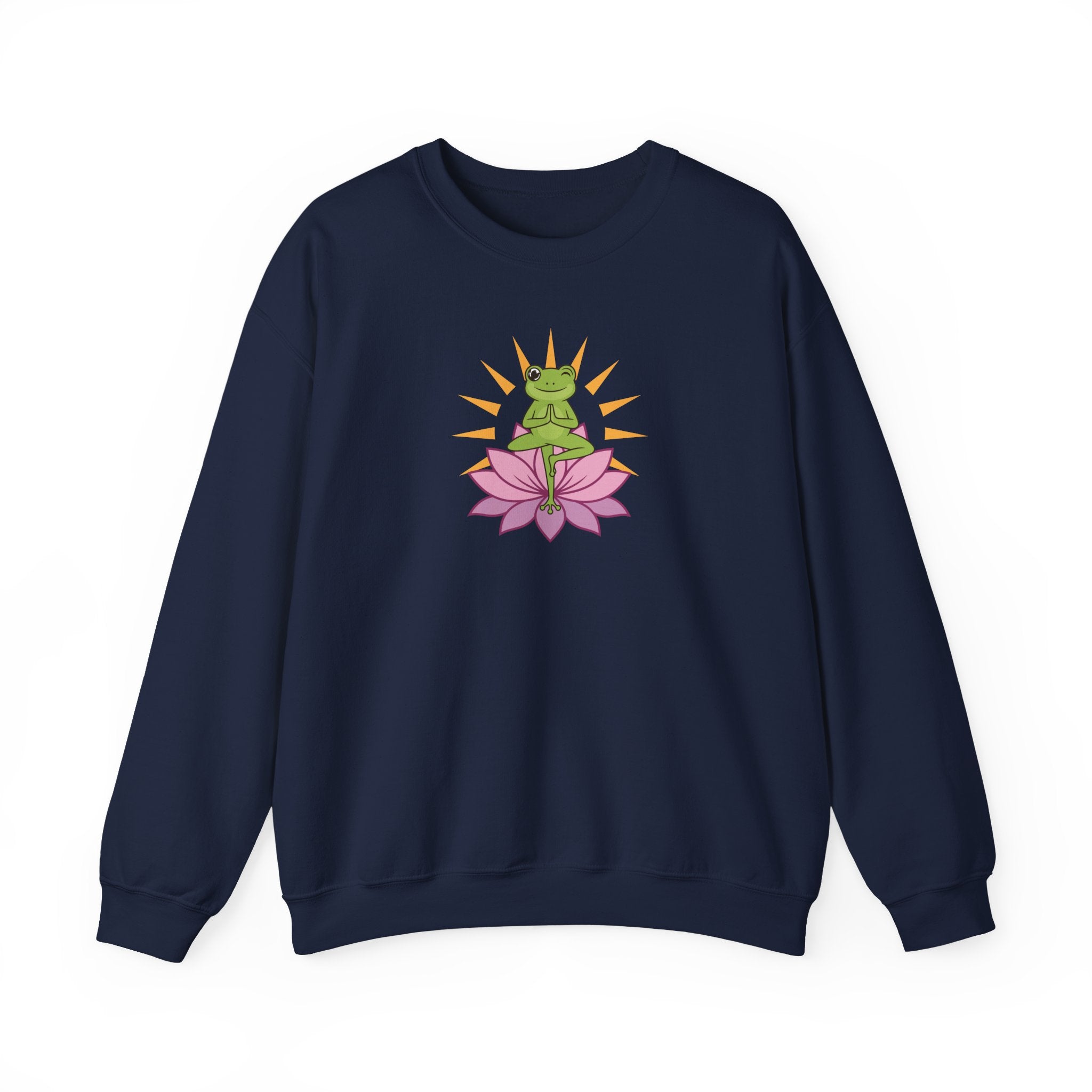 Navy blue sweatshirt with a frog on a pink lotus design on a white background