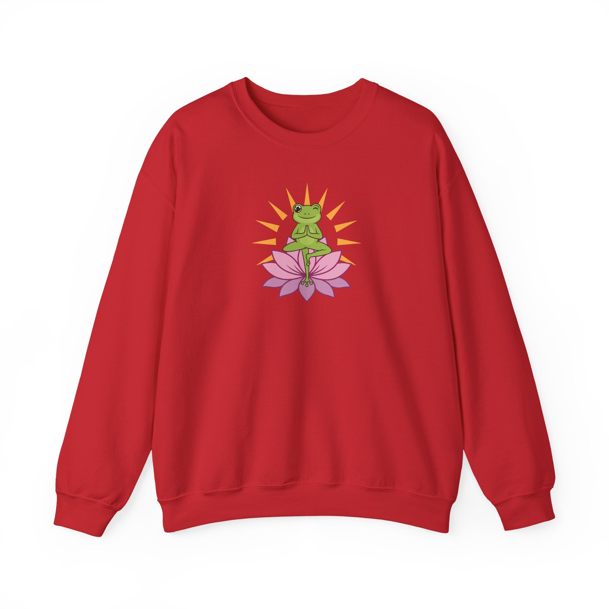 Red sweatshirt with a frog on a lotus flower design on a white background