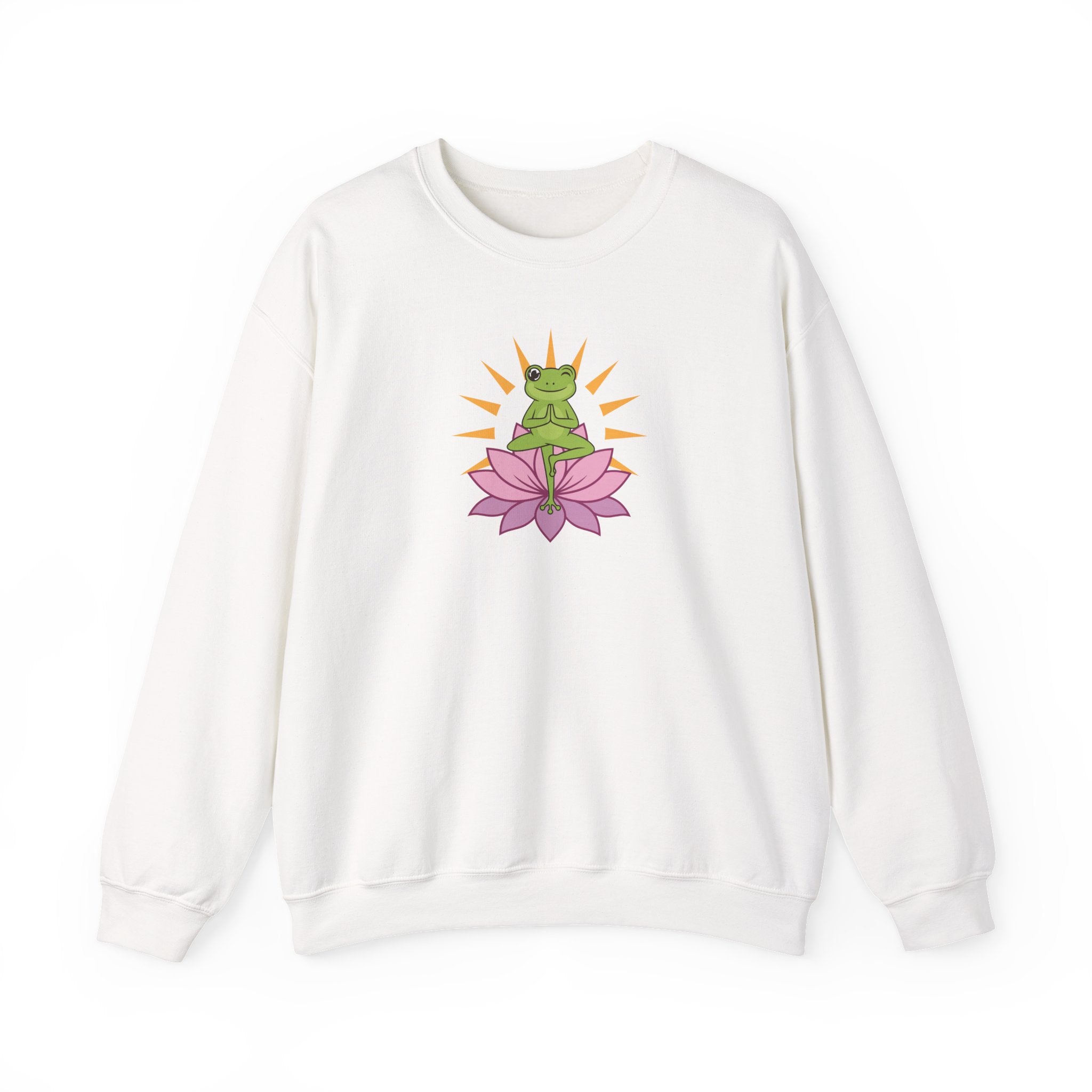 White sweatshirt with a frog on a pink flower graphic on a white background