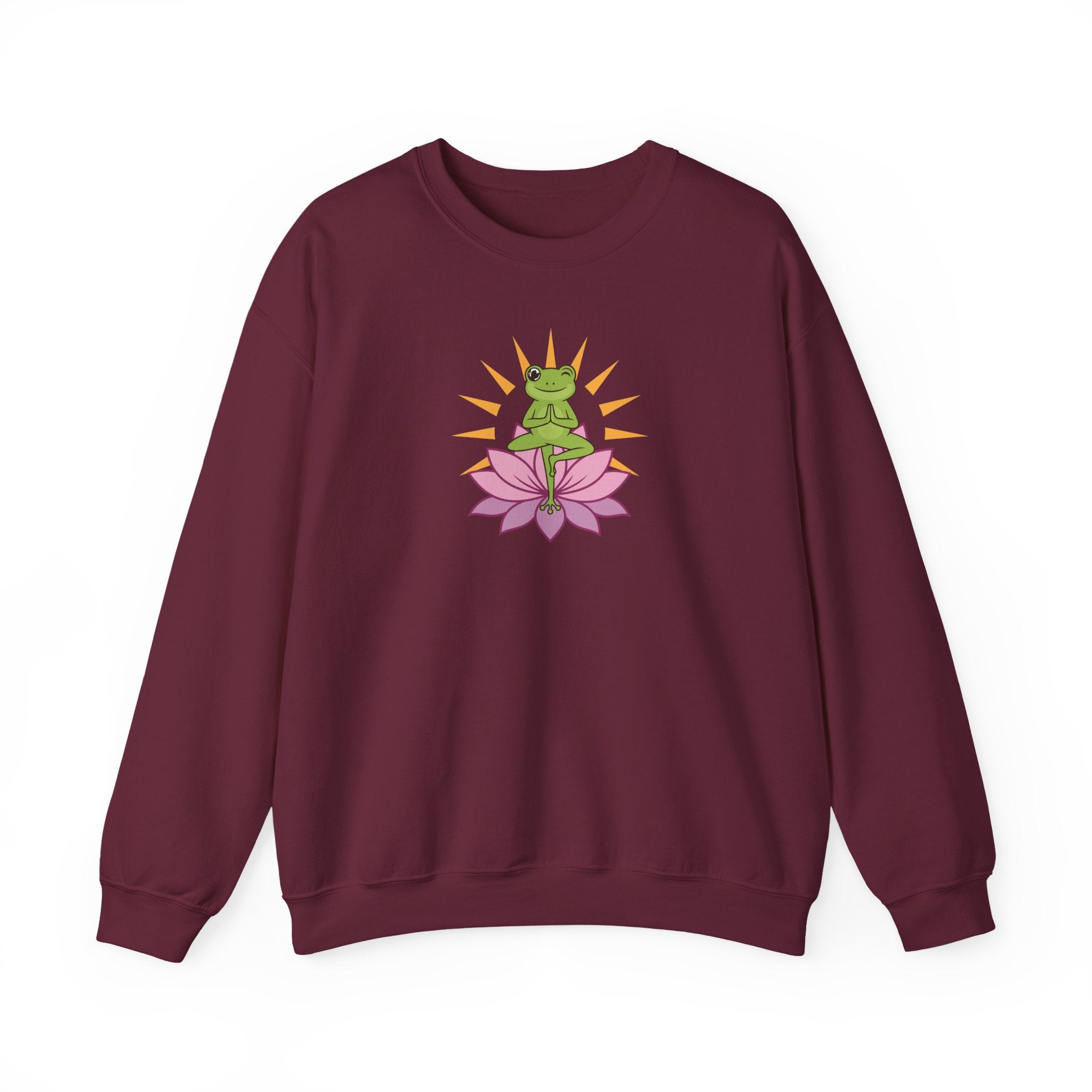 Maroon sweatshirt with a frog on a pink lotus flower design on a white background