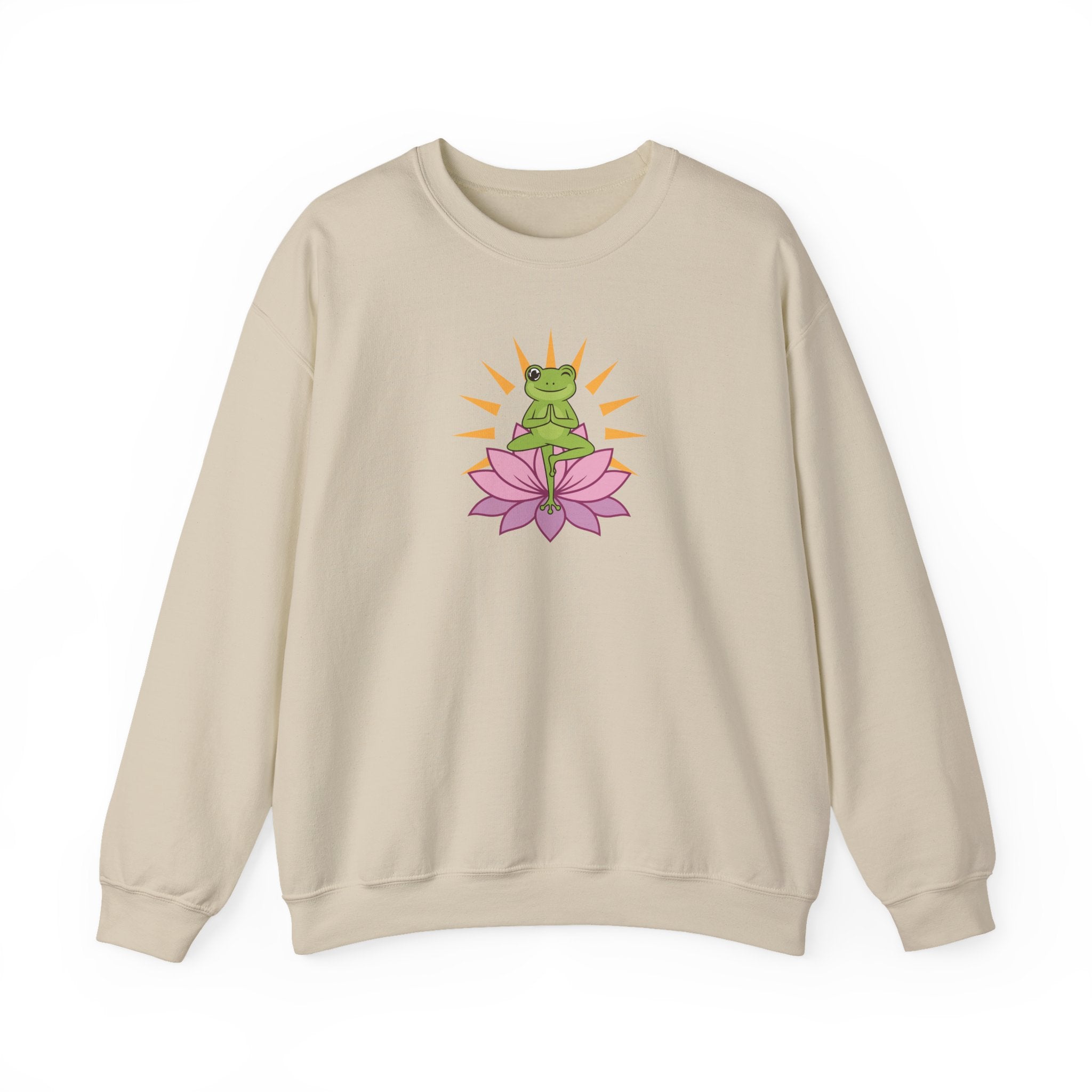 Beige sweatshirt with a frog on a pink flower graphic on a white background
