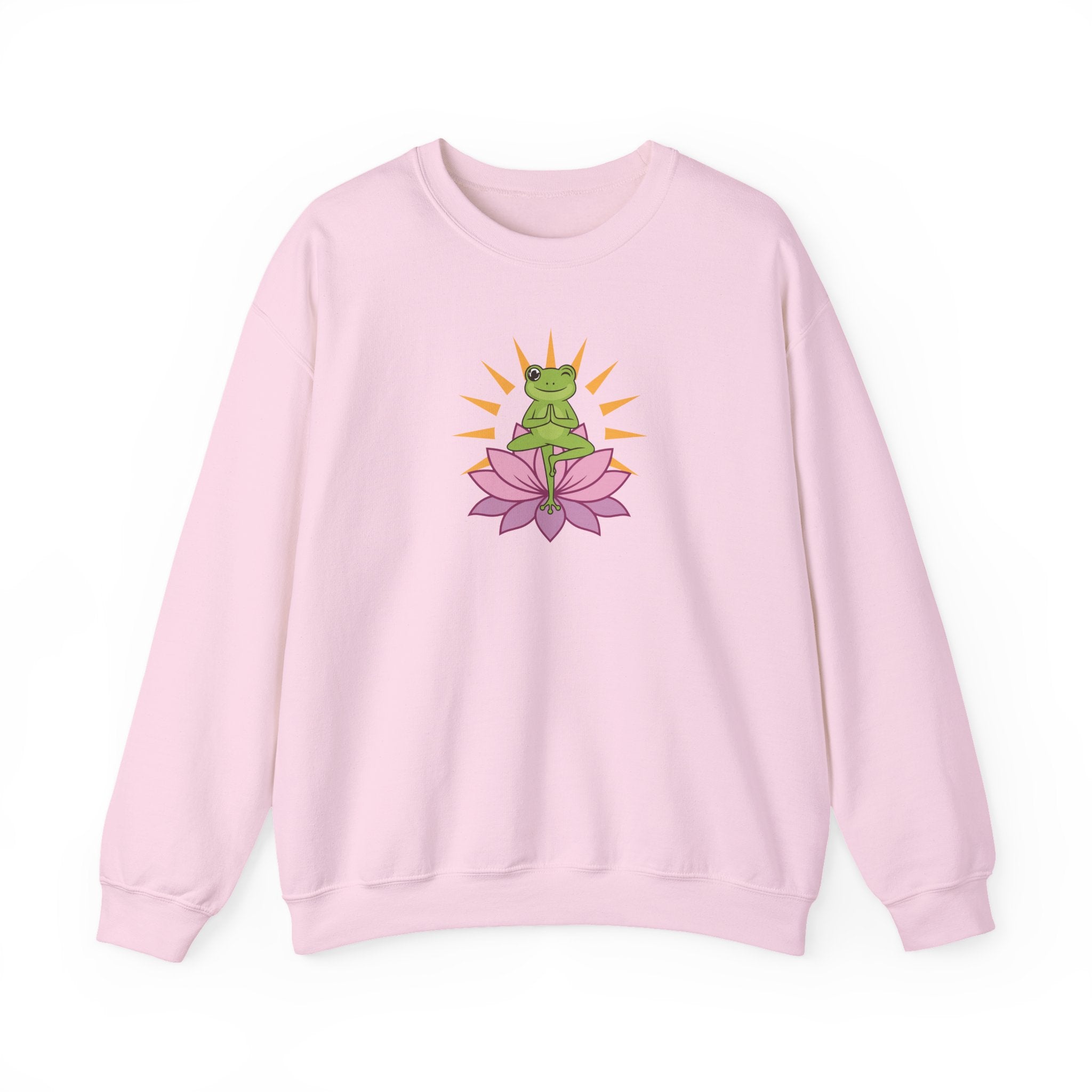 Pink sweatshirt with a frog on a lotus flower design on a white background