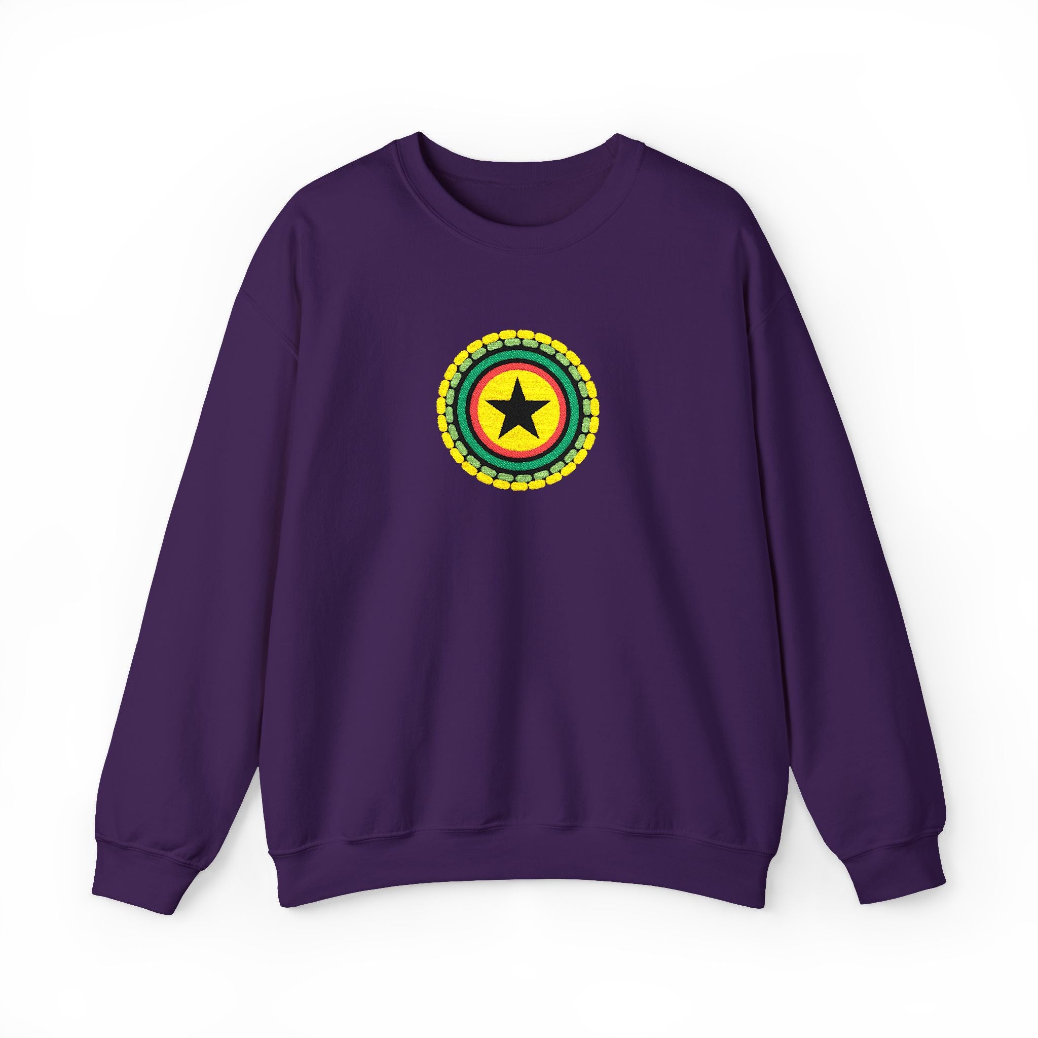 Purple sweatshirt with a colorful emblem on a white background