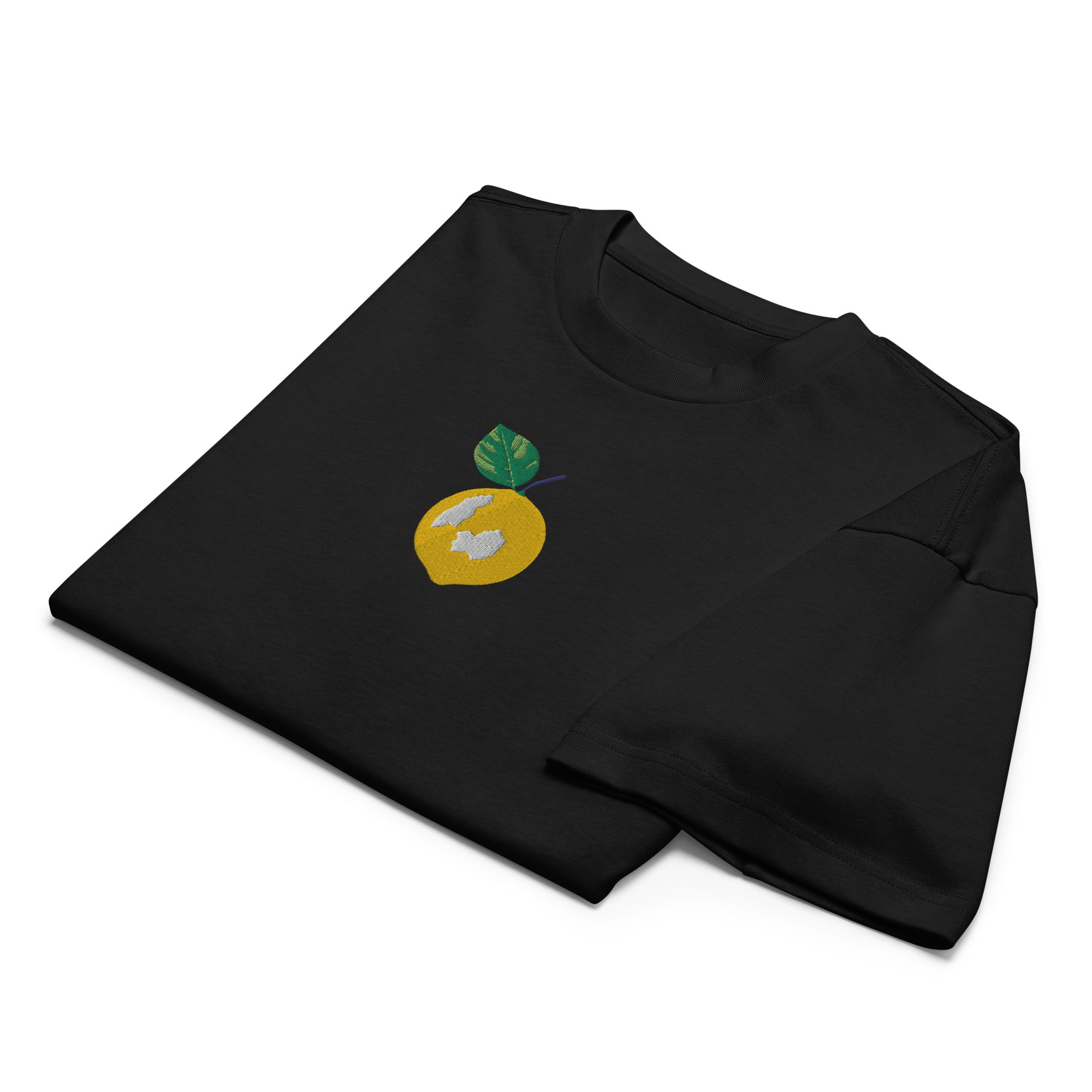 Black sweatshirt with a colorful graphic on a white background