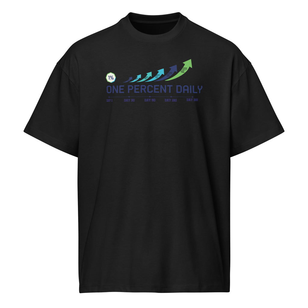 Black t-shirt with 'One Percent Daily' logo on a white background