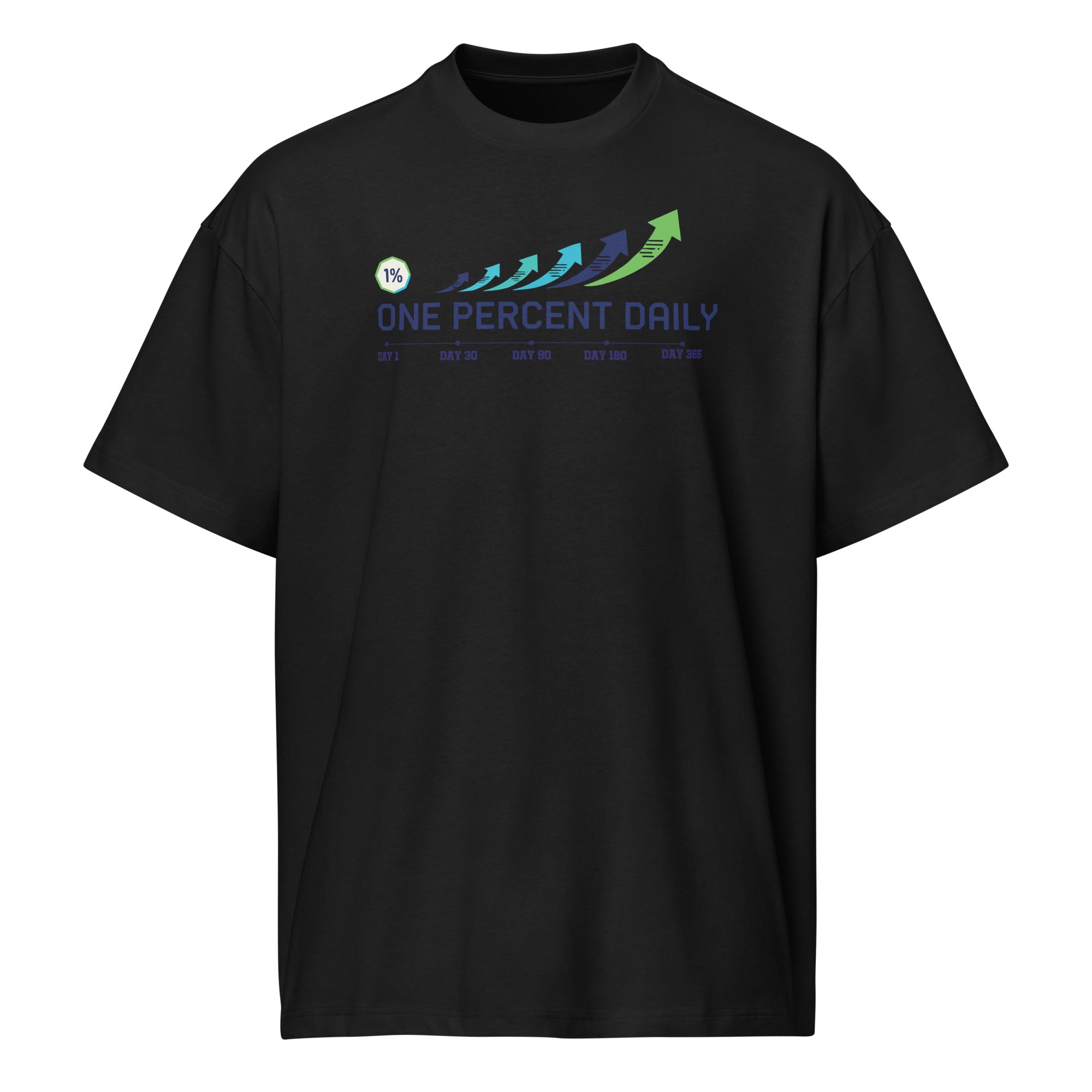 Black t-shirt with 'One Percent Daily' logo on a white background