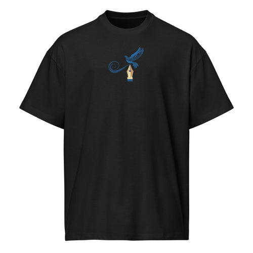 Black t-shirt with a blue and yellow graphic on a white background