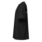 Black t-shirt with a logo on the sleeve against a white background