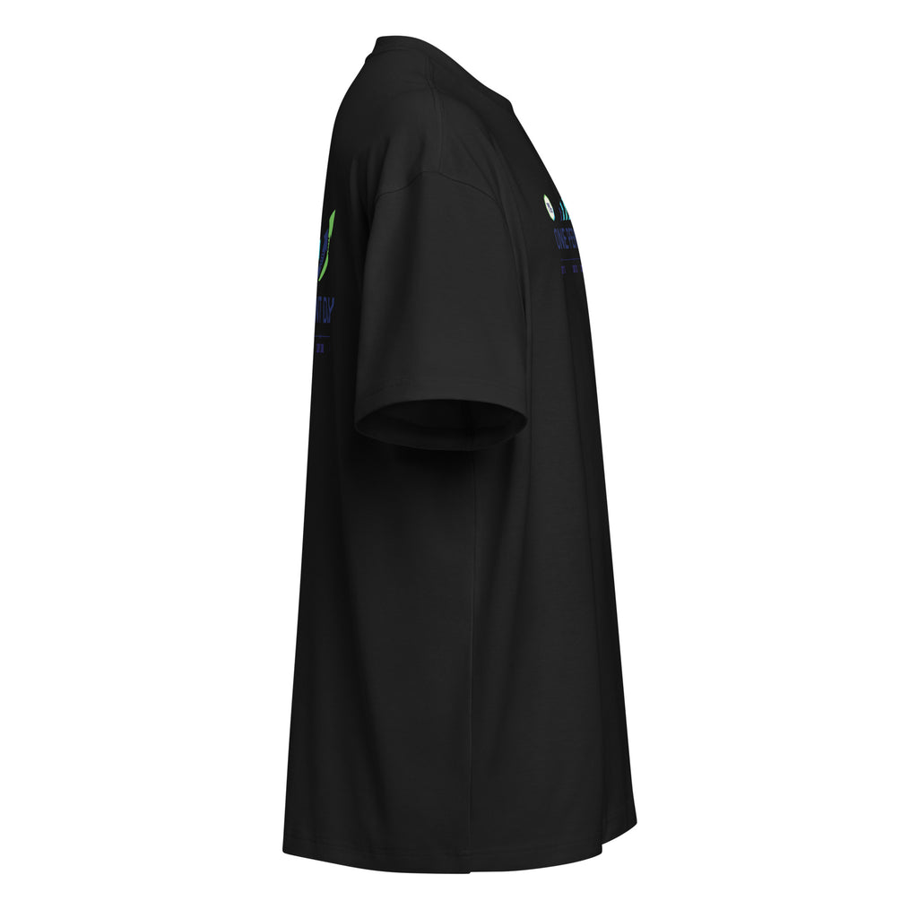 Black t-shirt with a colorful graphic on the sleeve against a white background