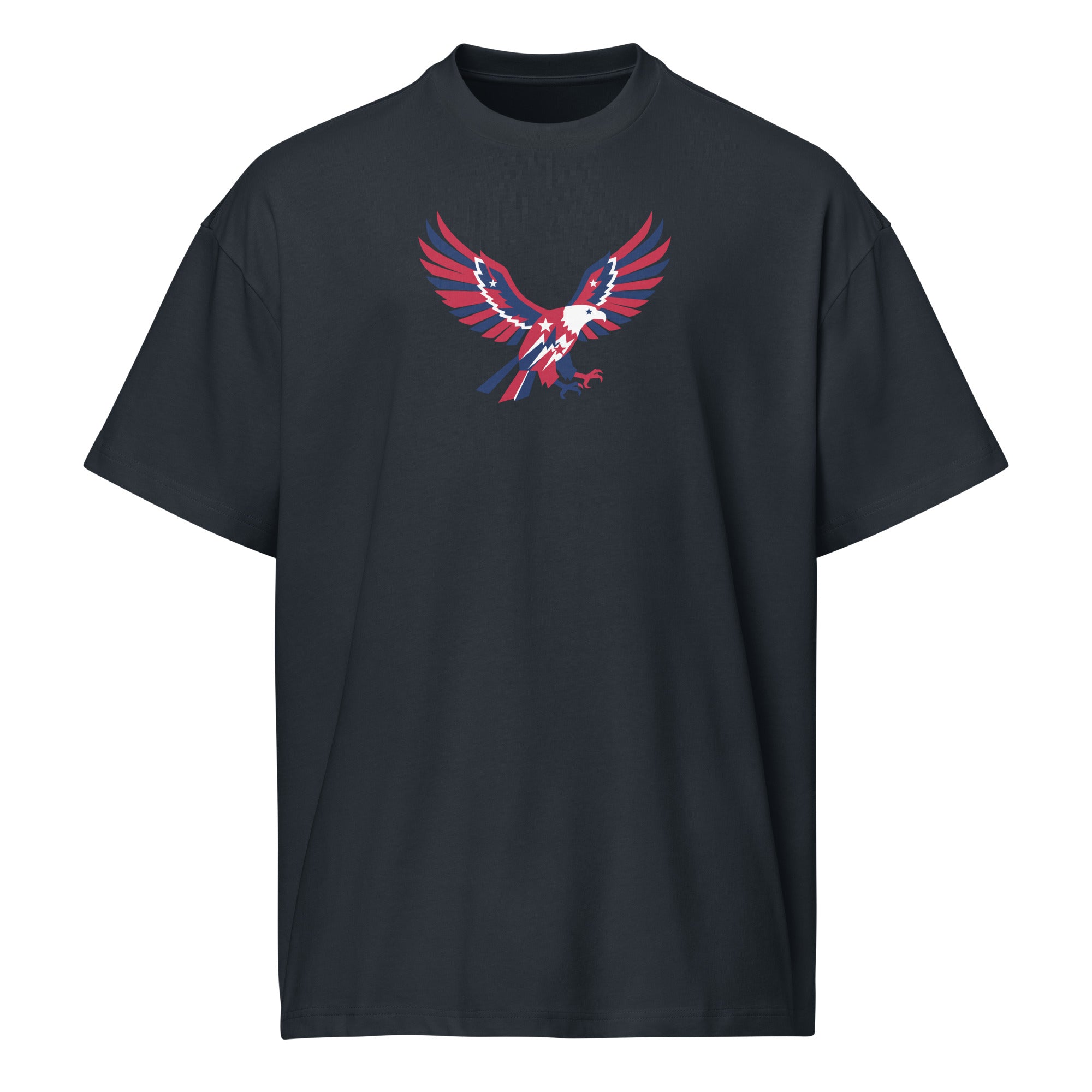 Black t-shirt with a red and white eagle design on a white background