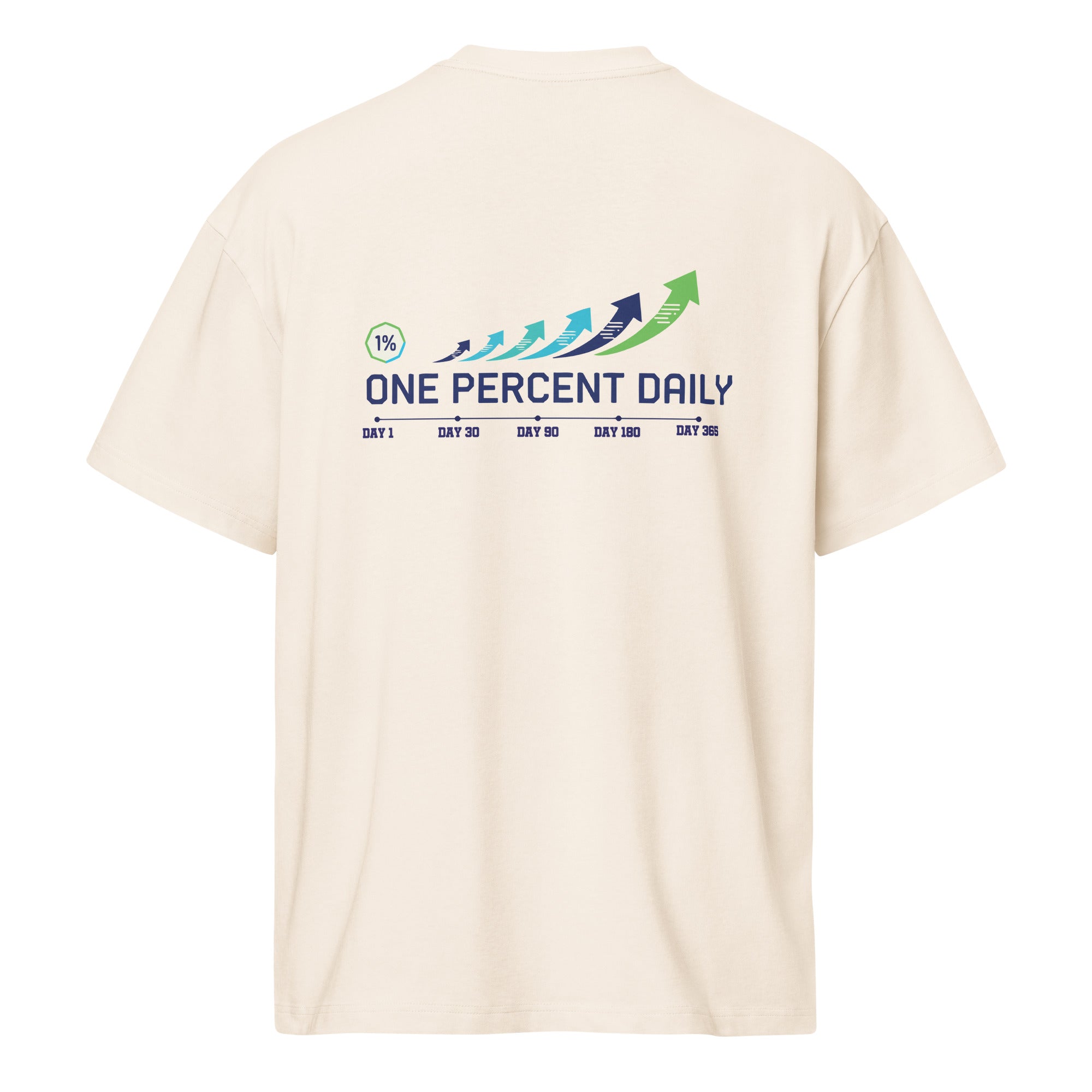 Beige t-shirt with 'One Percent Daily' logo on the back against a white background