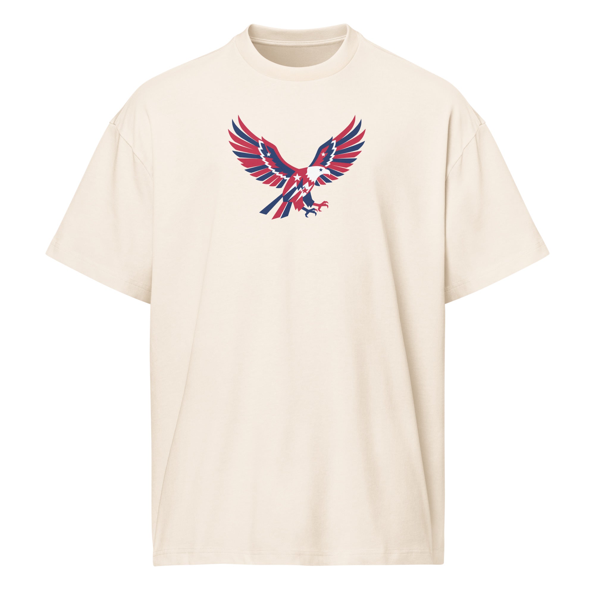 Beige t-shirt with a red, white, and blue eagle graphic on a white background