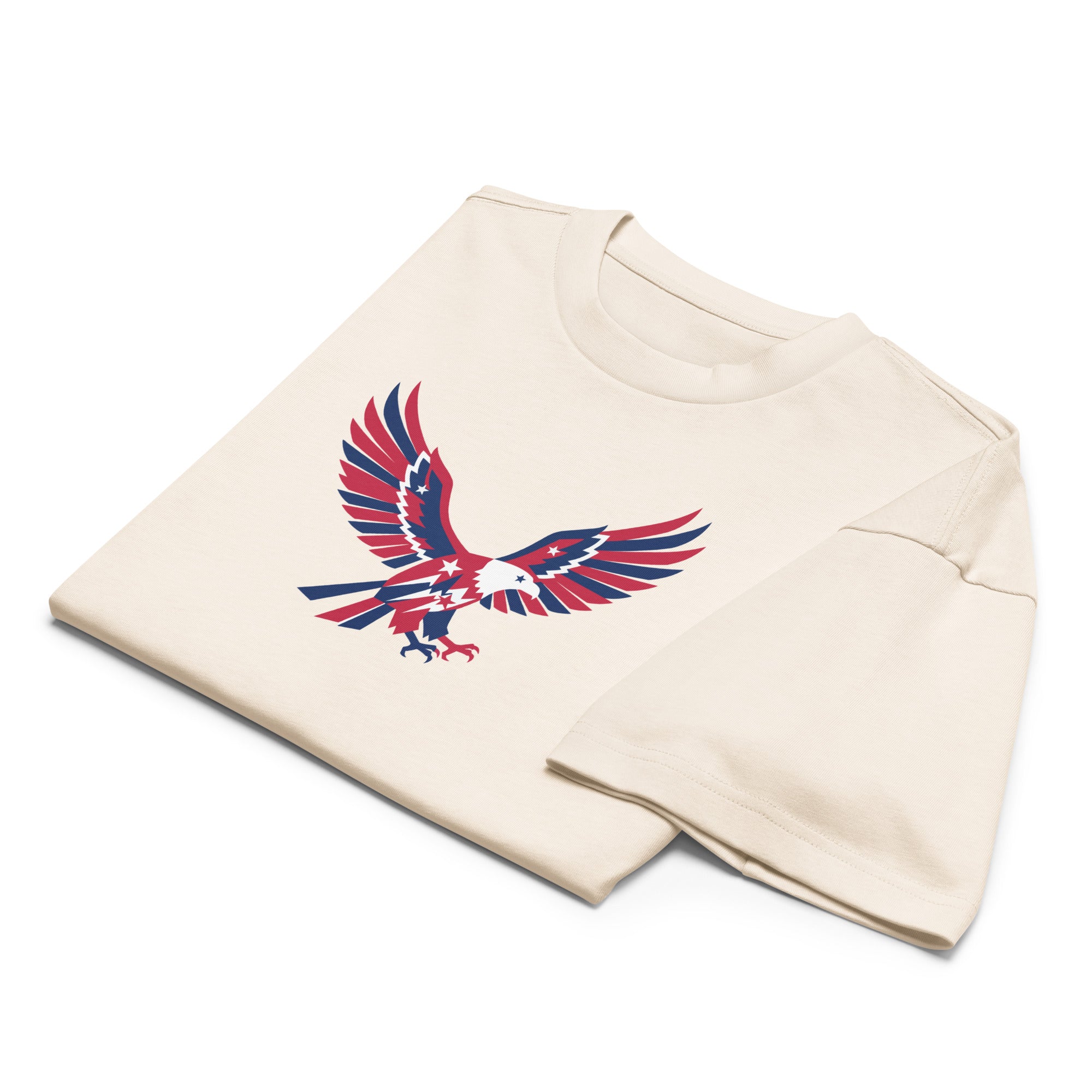 Beige sweatshirt with a red and blue eagle design on a white background