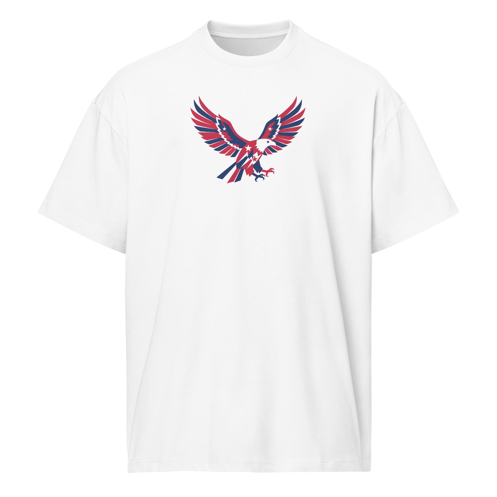 White t-shirt with a red, blue, and black eagle design on a white background