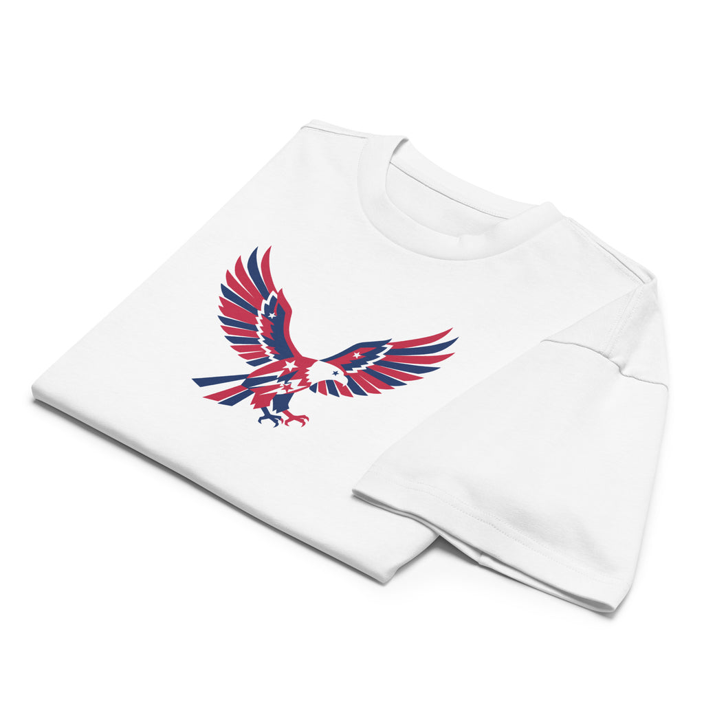 White sweatshirt with red and blue eagle design on a white background