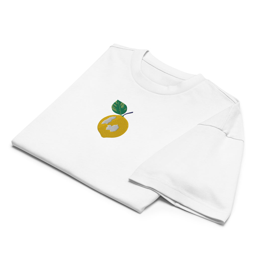 White shirt with a colorful logo on a white background