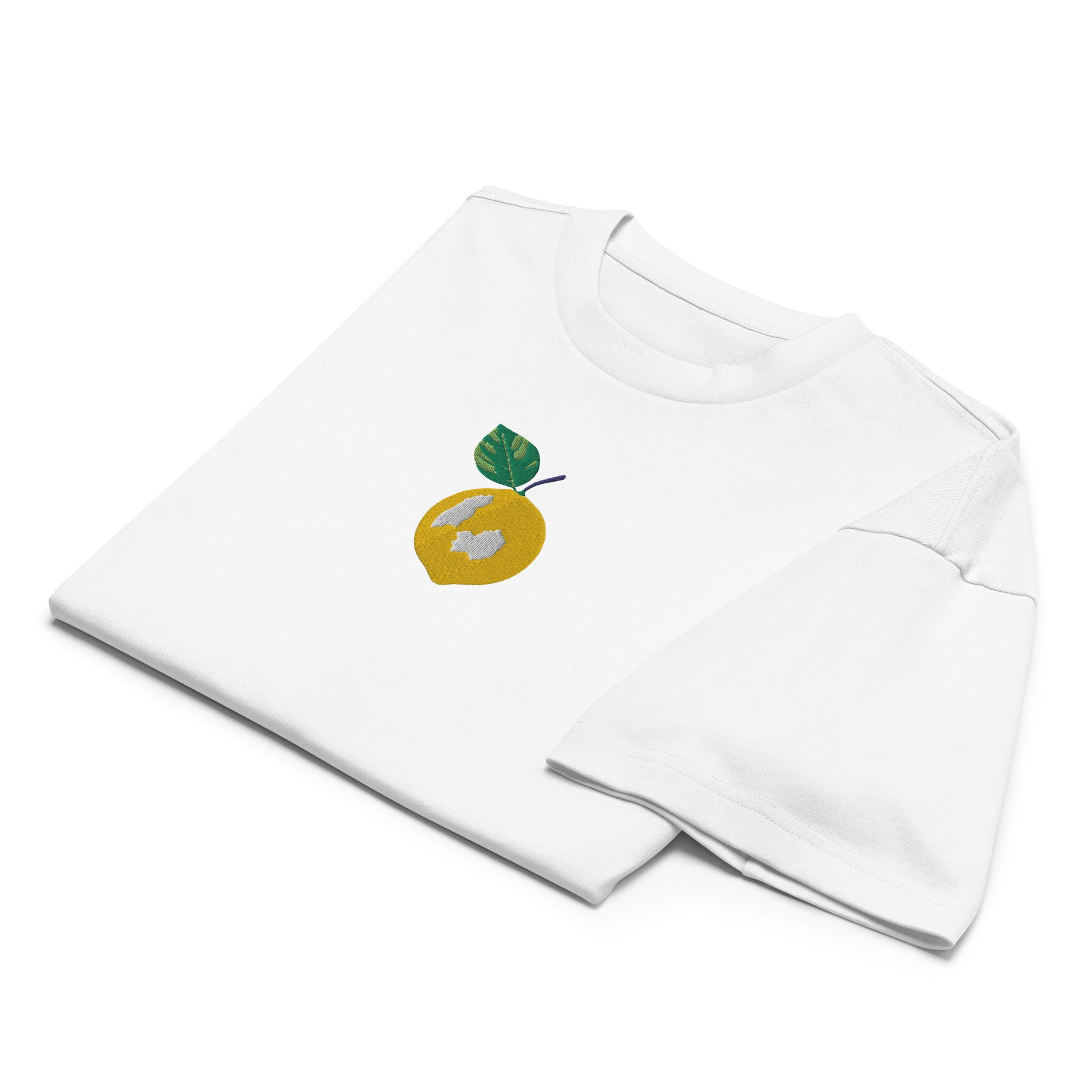 White shirt with a colorful logo on a white background