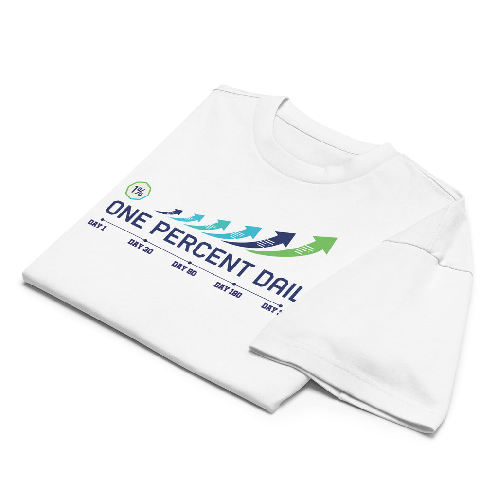 White t-shirt with 'One Percent Dail' logo on a white background