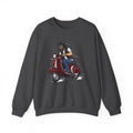 Dark gray sweatshirt with a graphic of a person on a scooter on a white background