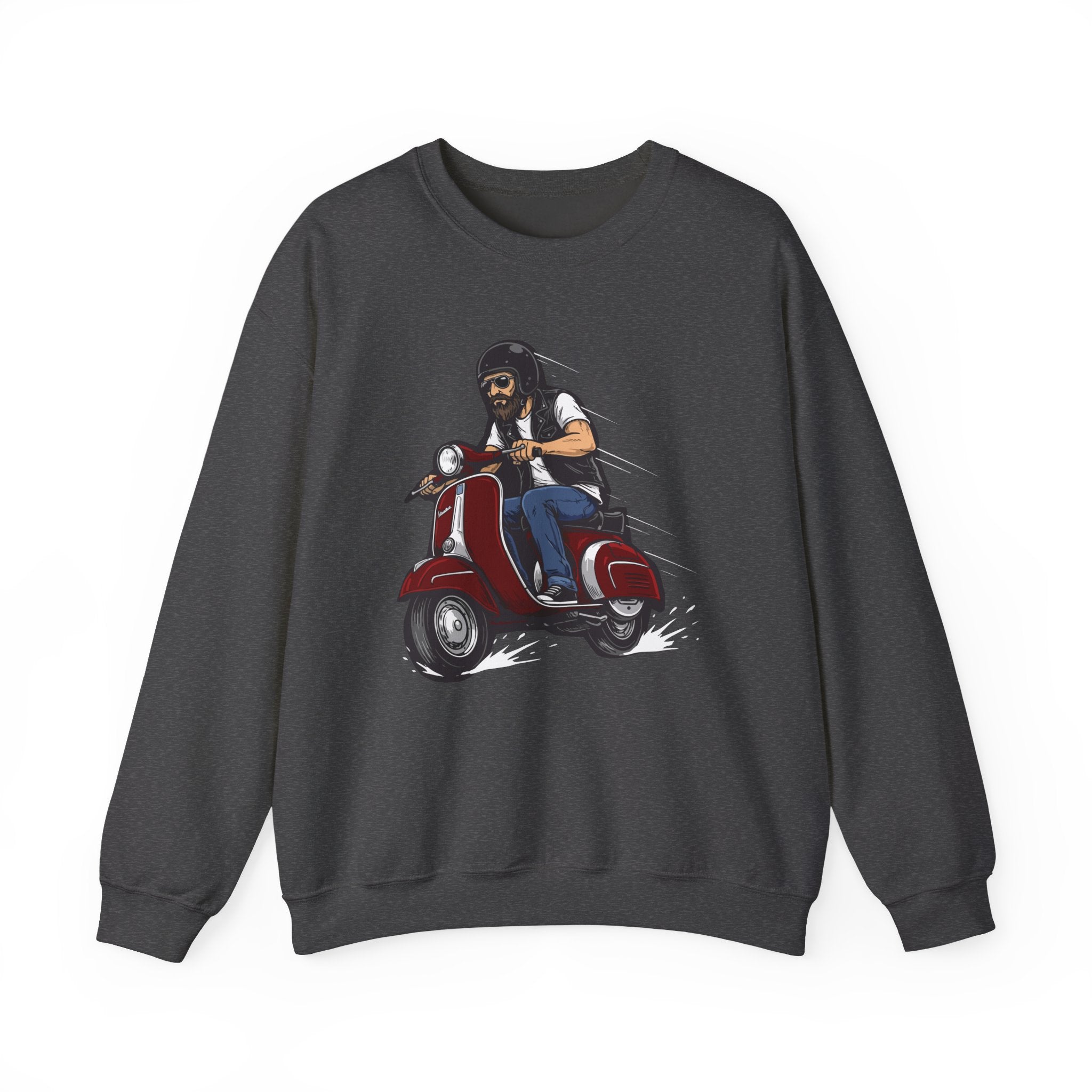Dark gray sweatshirt with a graphic of a person on a scooter on a white background