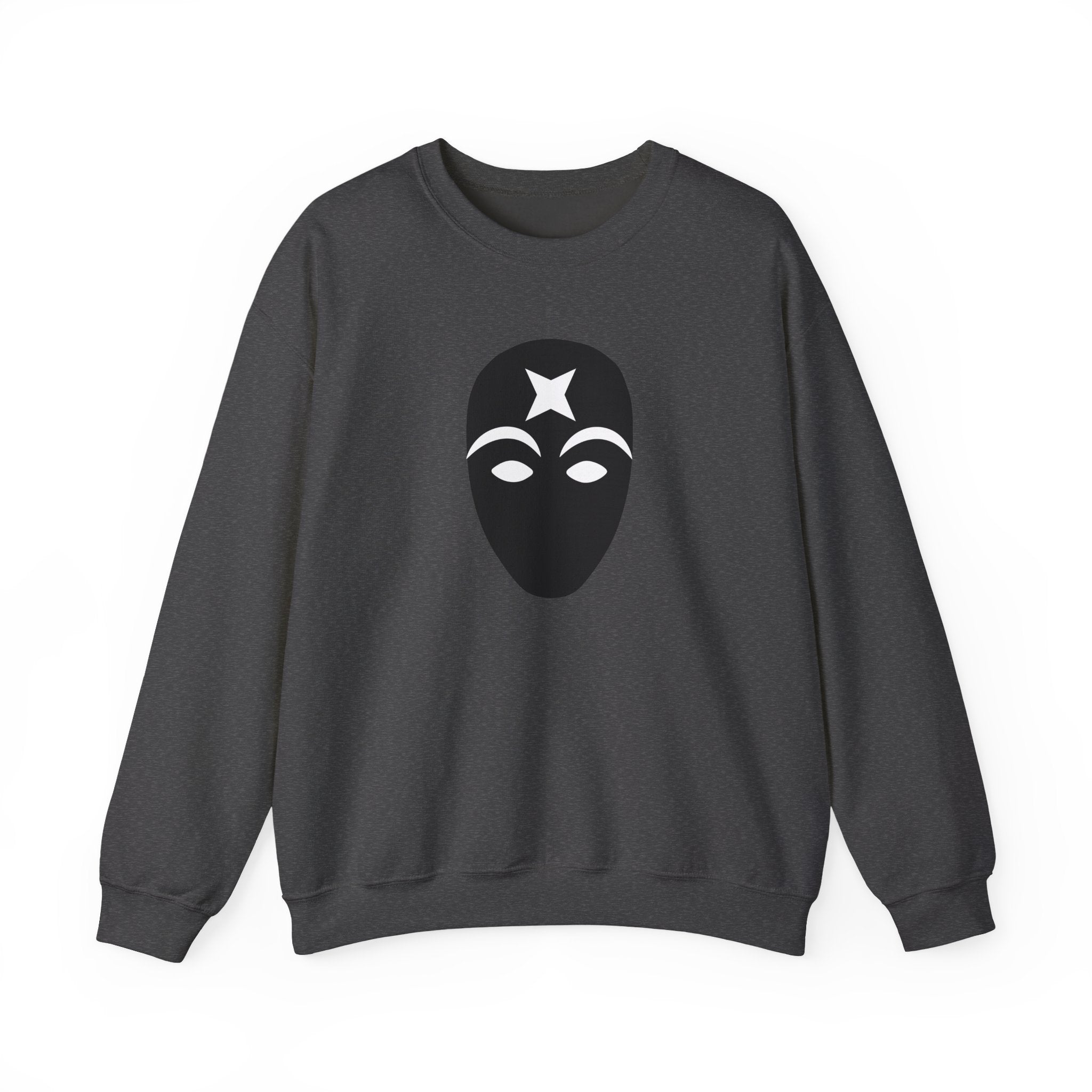 Dark gray sweatshirt with a black mask graphic on a white background