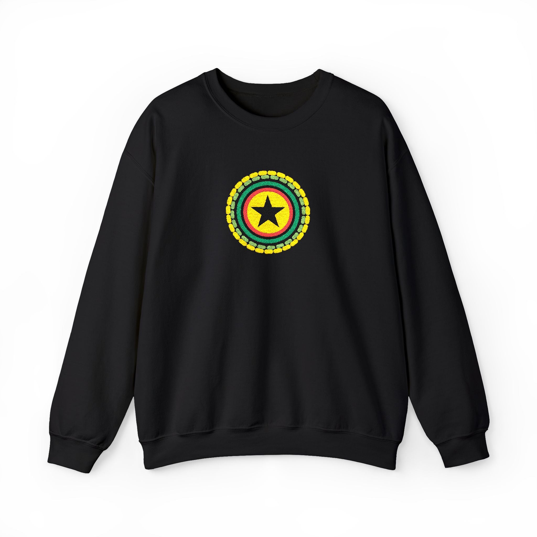 Black sweatshirt with a colorful circular emblem featuring a star on a white background