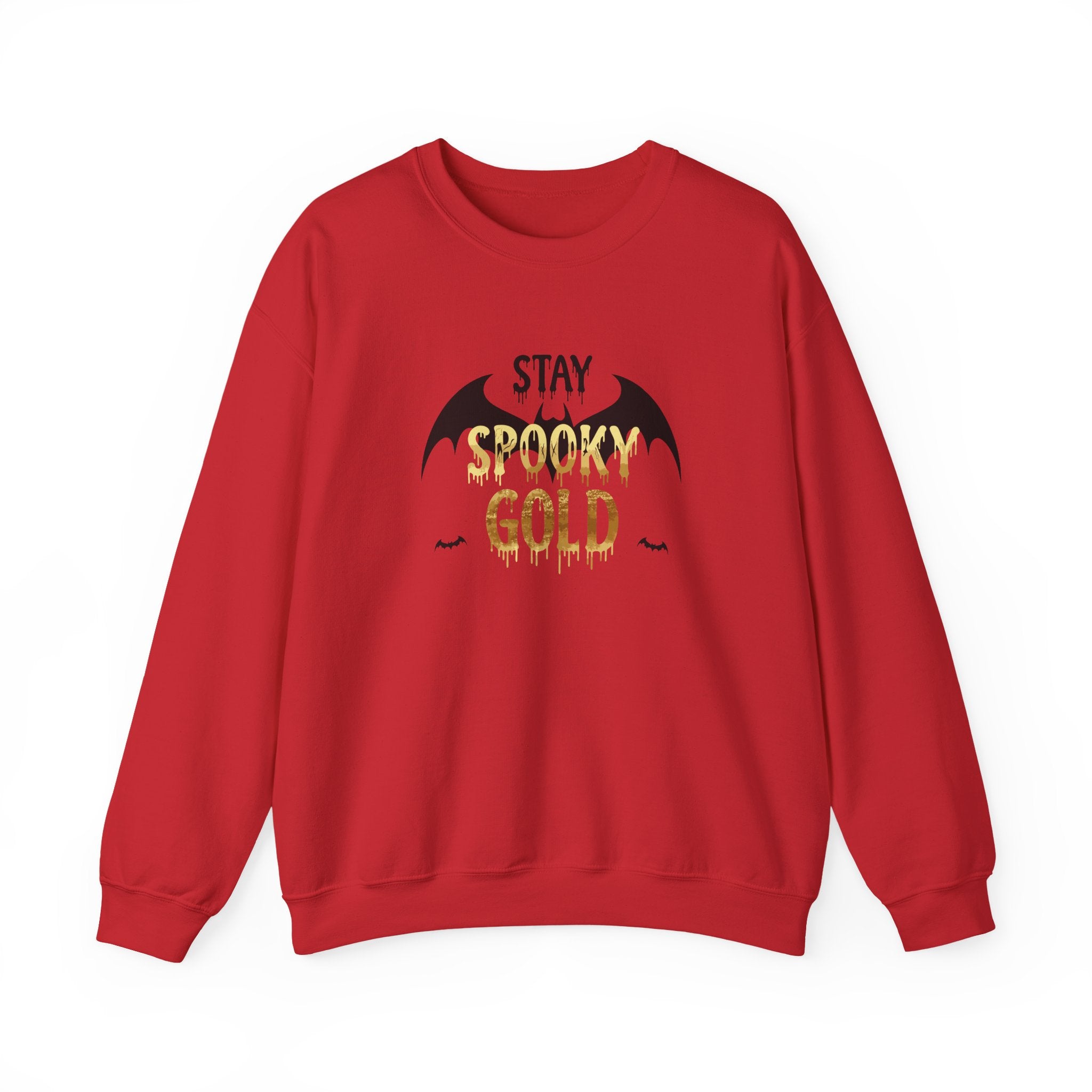 Red sweatshirt with 'Stay Spooky Gold' text and bat design on a white background