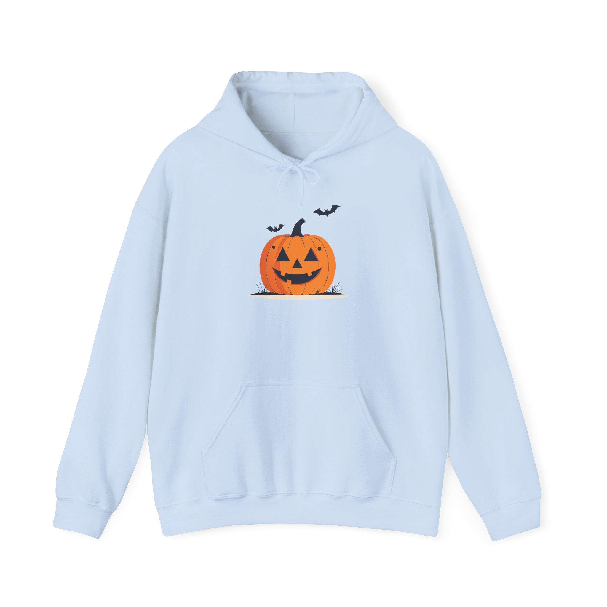 Light blue hoodie with a Halloween pumpkin design on a white background