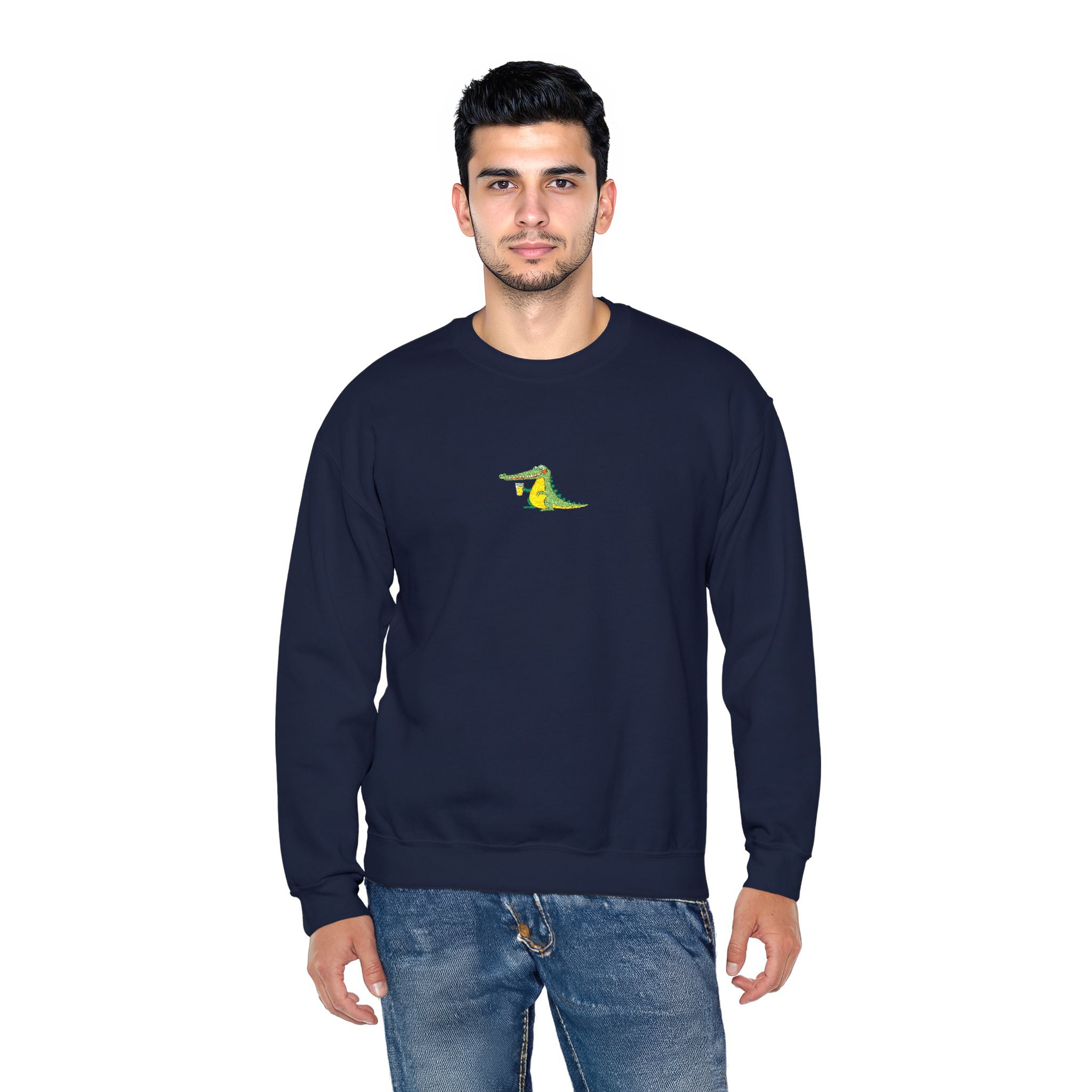Man wearing a navy blue sweatshirt with a small logo on a white background