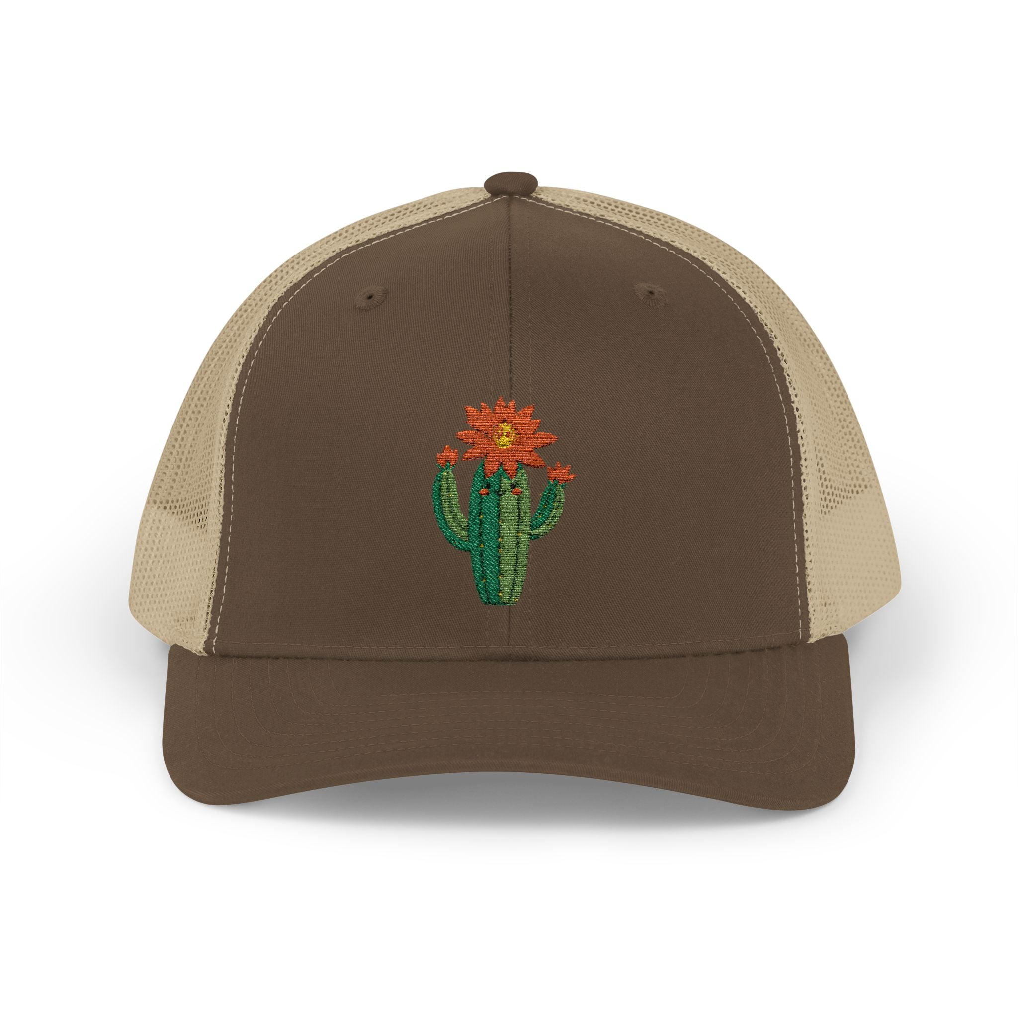 Brown and beige cap with a cactus and flower design on a white background