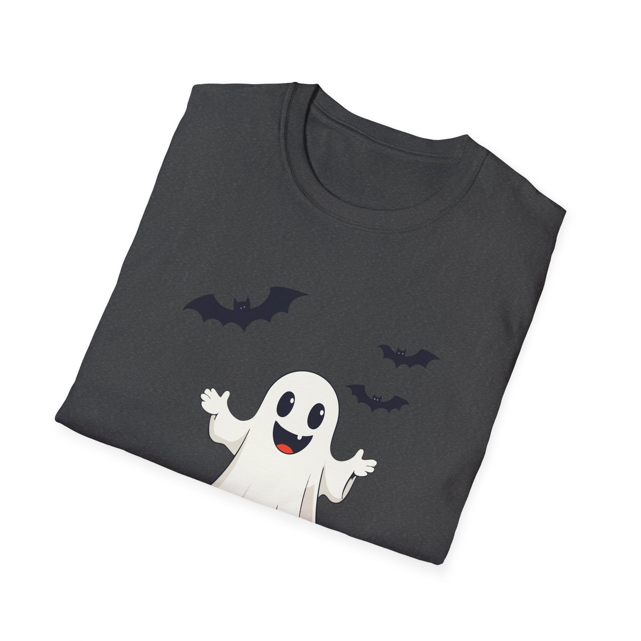 Folded dark gray t-shirt with a ghost and bat design on a white background