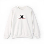 White sweatshirt with a kettlebell graphic and text on a white background