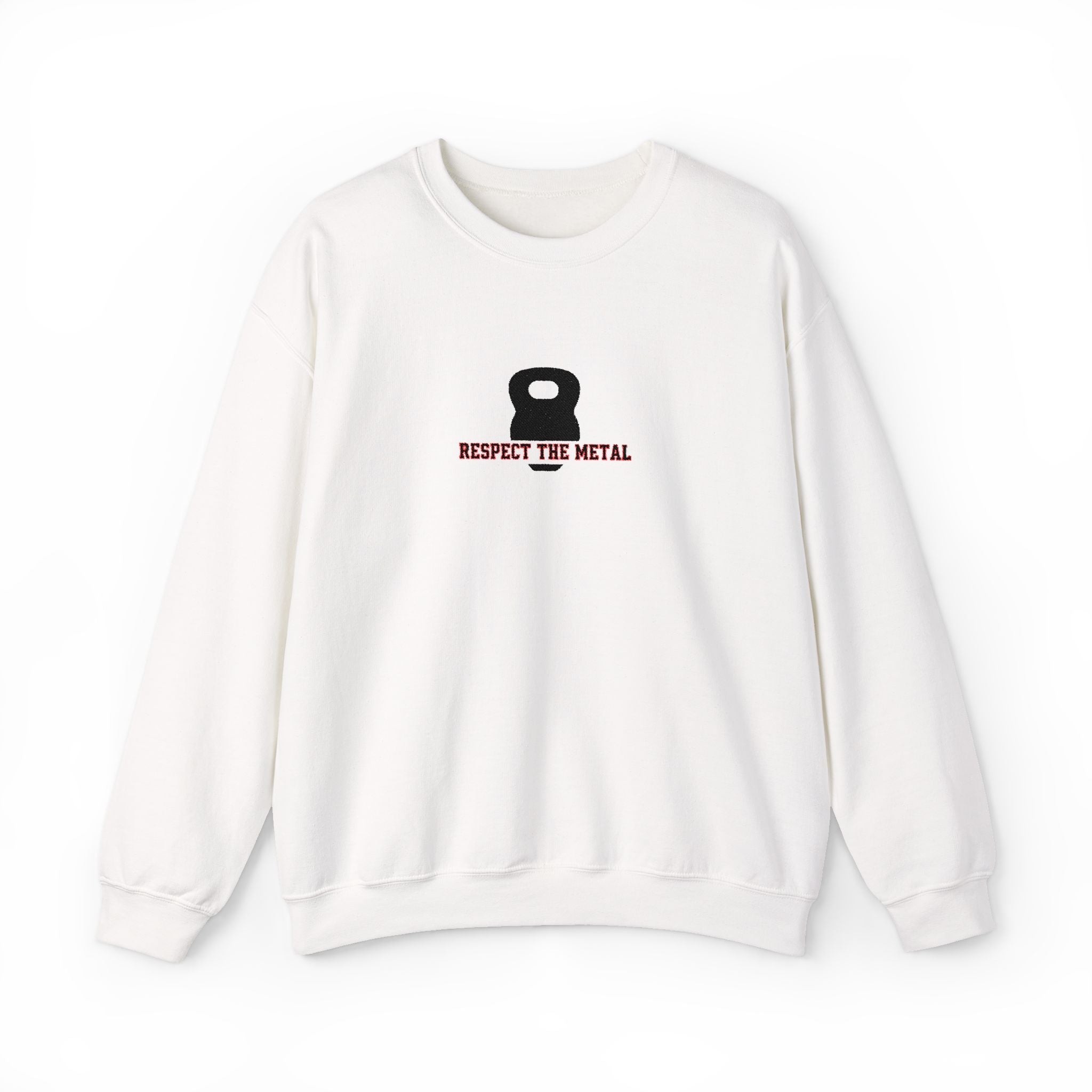 White sweatshirt with a kettlebell graphic and text on a white background