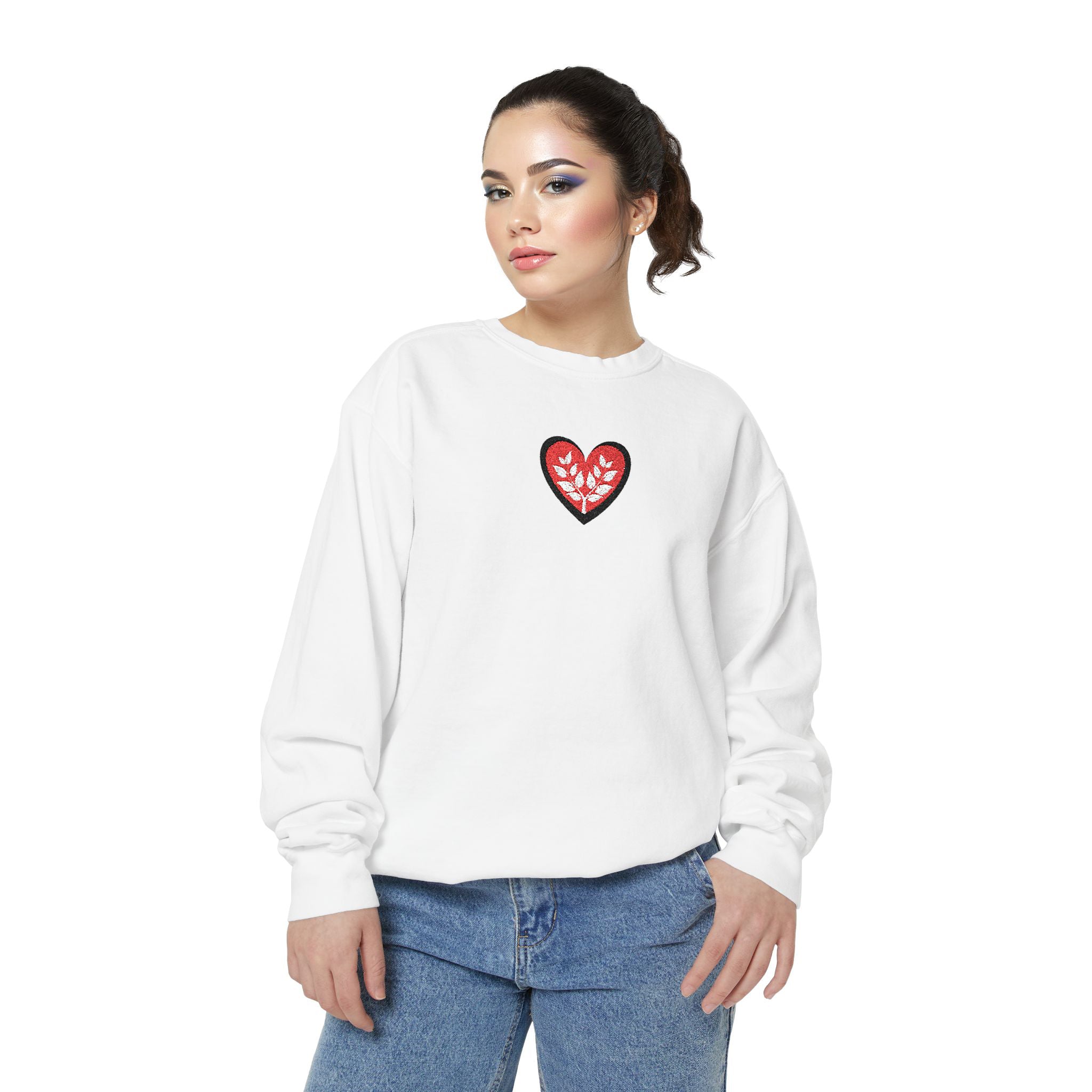 Embroidered Heart Crewneck Sweatshirt Small Red Sparkle Heart Design