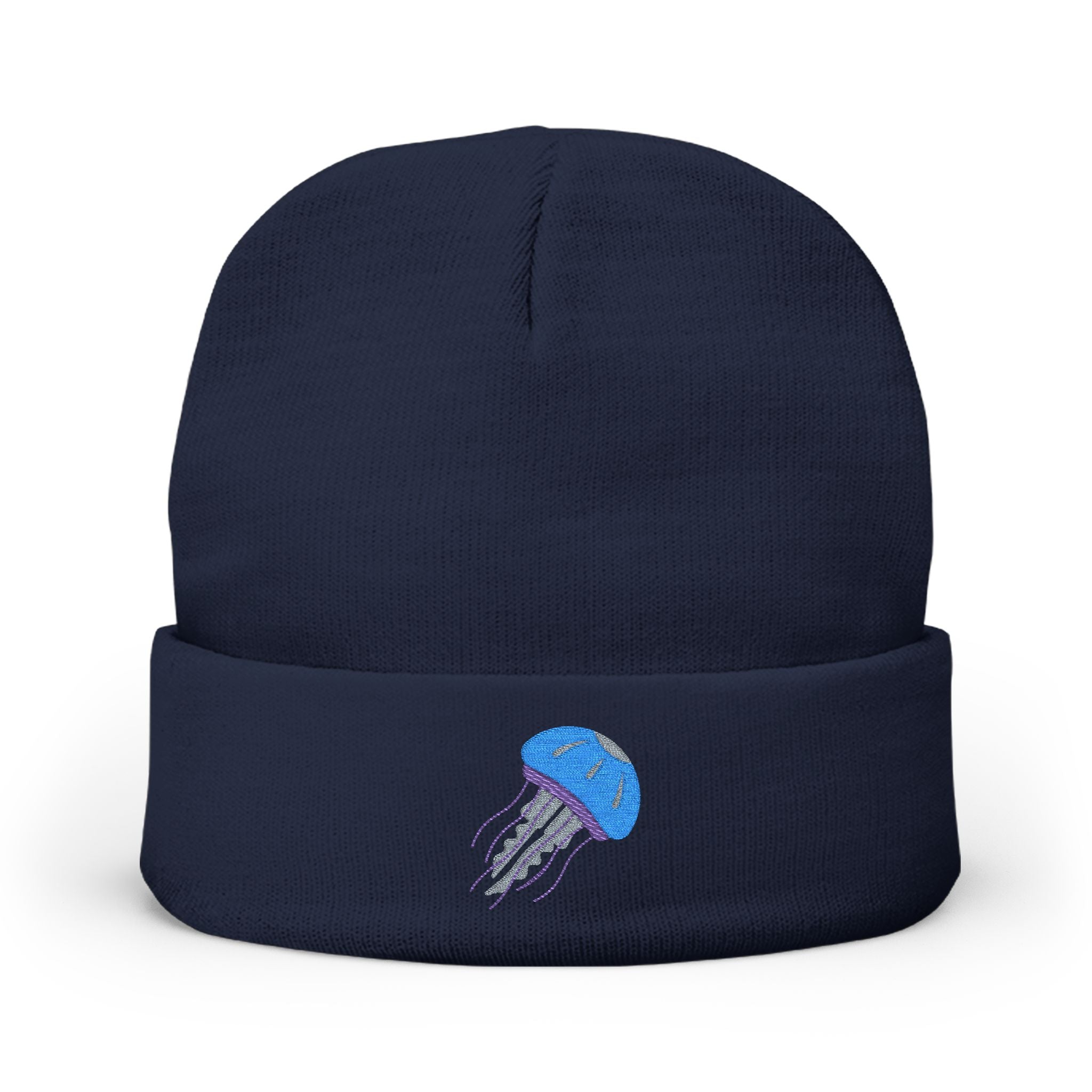 Navy blue beanie with a jellyfish design on a white background